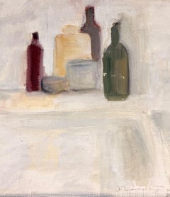 White Interior Still Life with Glass Bottle Impressionist Modernist Oil Painting