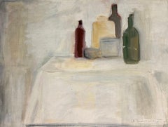White Interior Still Life with Glass Bottle Impressionist Modernist Oil Painting
