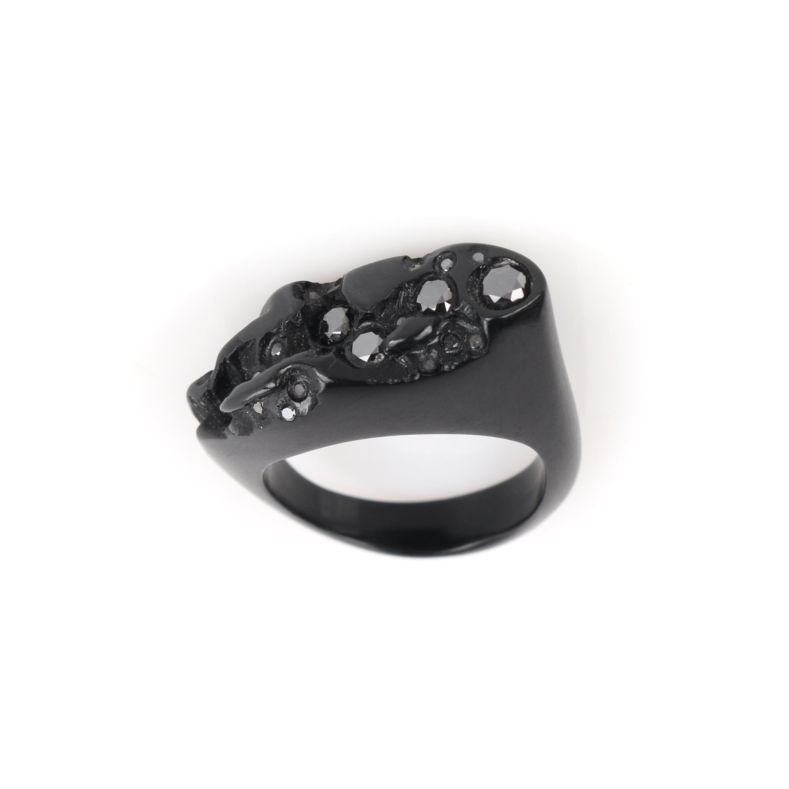 DESCRIPTION: JACQUELINE CULLEN Black Diamond Carved Whitby Jet Statement Ring 
 
Brand / Manufacturer: Jacqueline Cullen
Designer: Jacqueline Cullen
Style: Statement ring
Color(s): Black
Unmarked Material: Whitby Jet and black diamonds
Additional