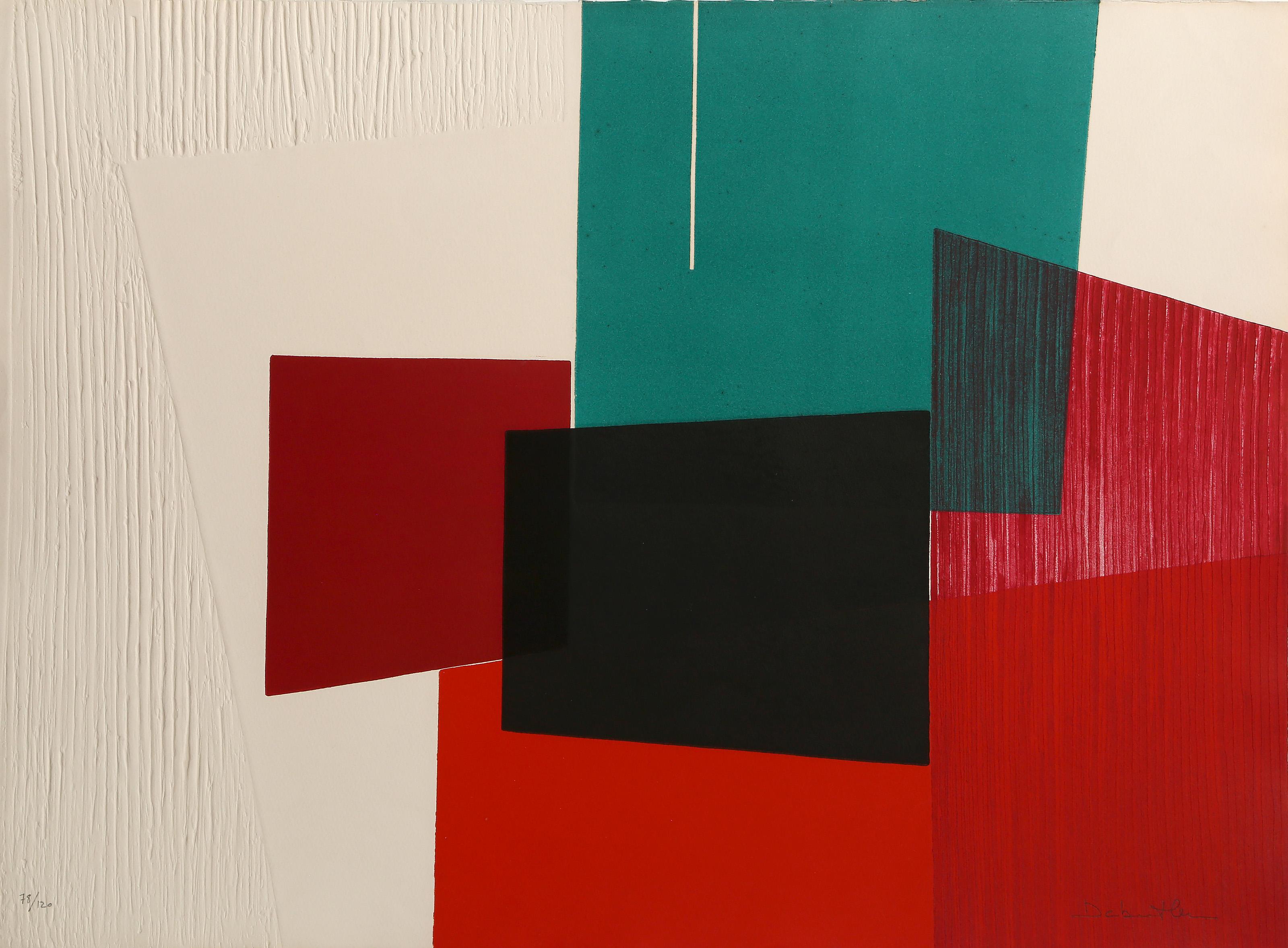 Red and Green Composition, Abstract Geometric Etching by Jacqueline De Butler