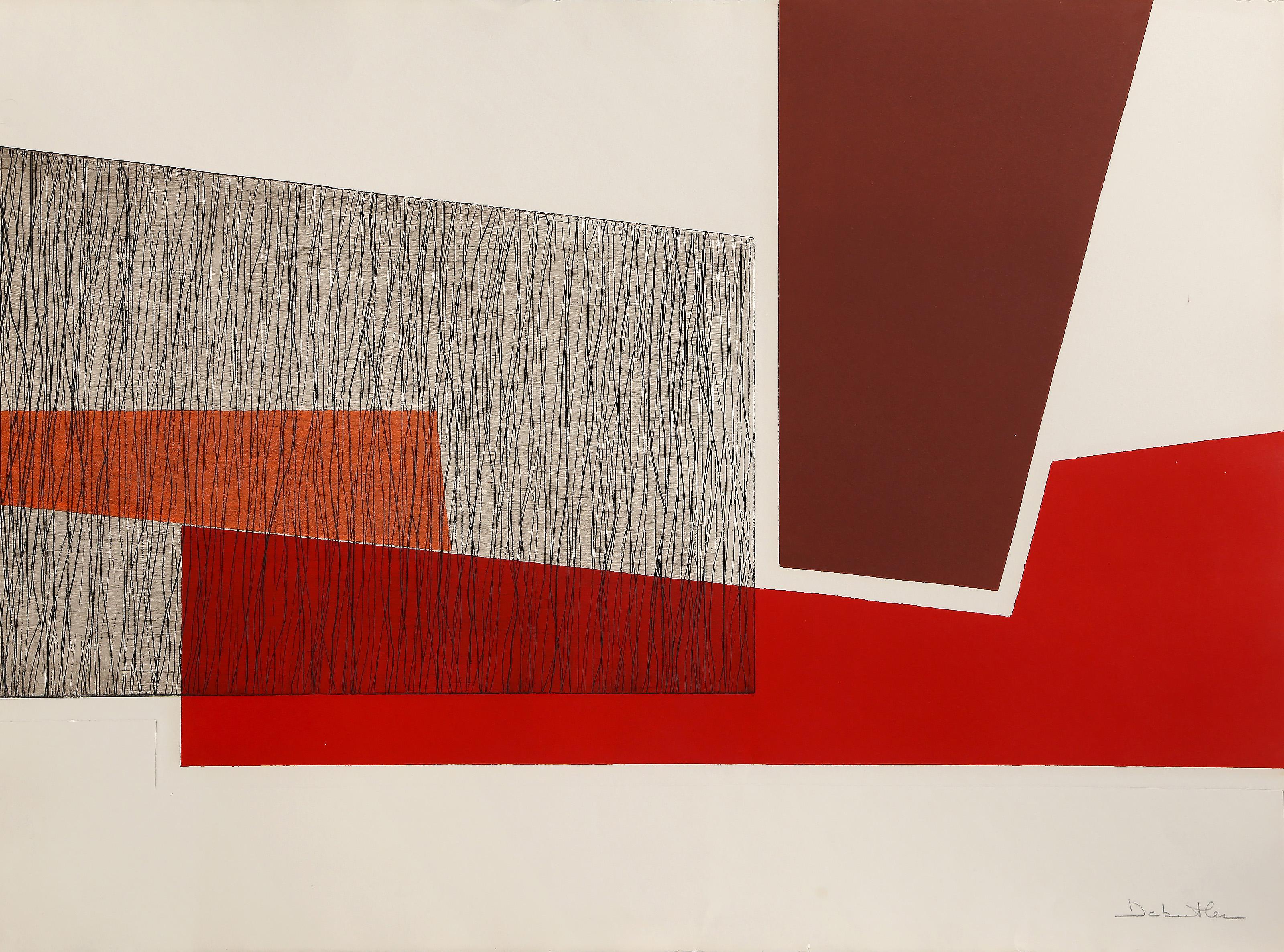 Jacqueline De Butler, French (1928 - ) - Red Composition, Year:  circa 1968, Medium:  Etching with Aquatint on Arches, signed and numbered in pencil, Edition:  120, Image Size:  18 x 30 inches, Size:  22 x 30 in. (55.88 x 76.2 cm)