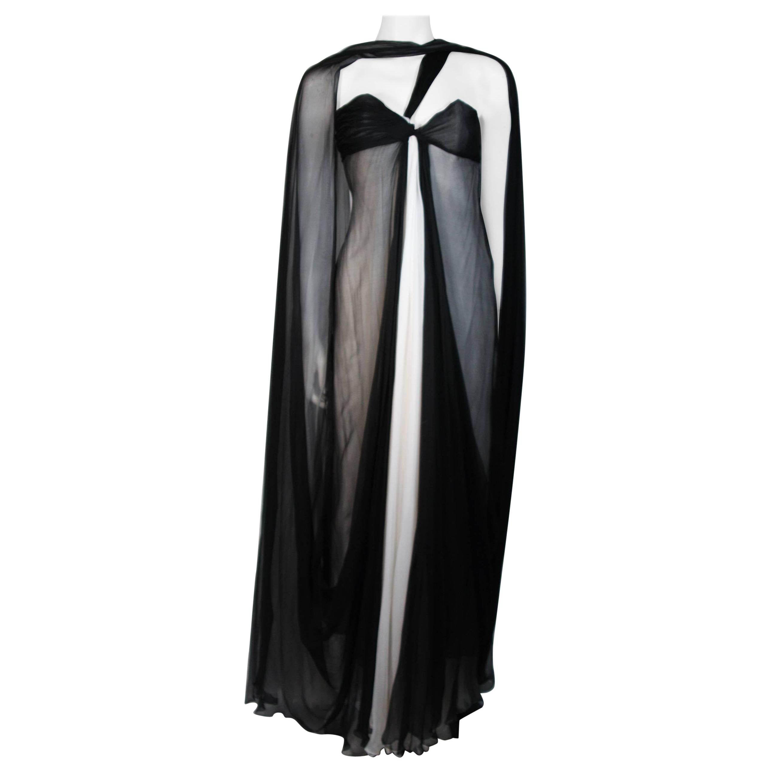 Jacqueline De Ribes Black and Ivory Silk Chiffon Gown Size For Sale