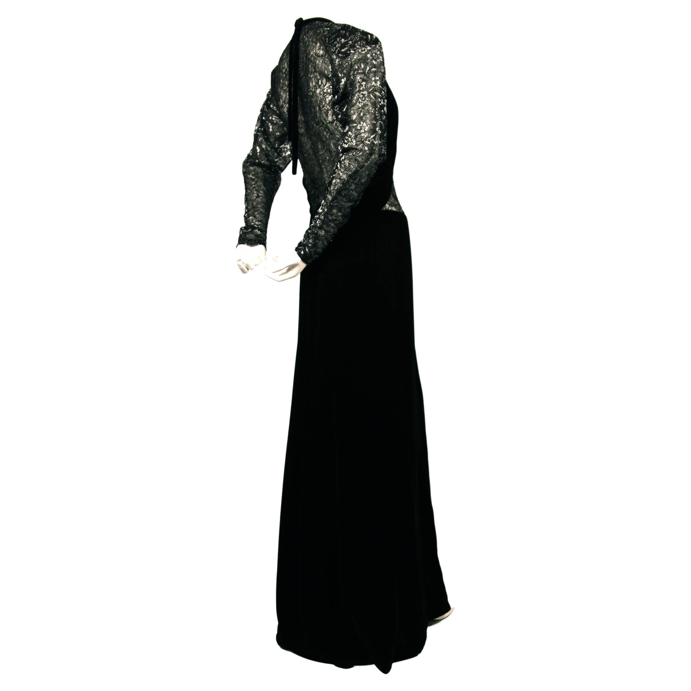 Women's Jacqueline De Ribes black velvet gown with sheer lace panels For Sale