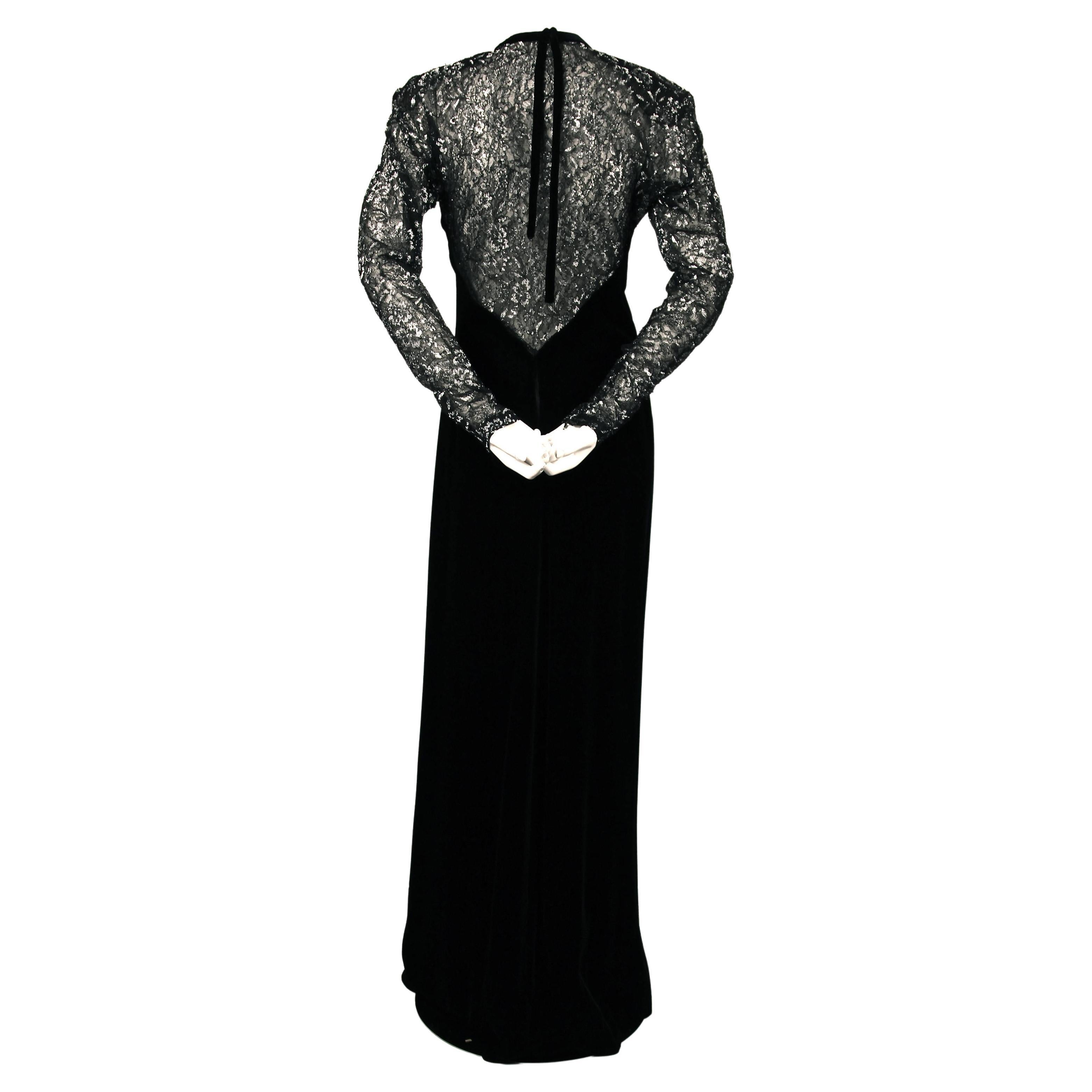 Jacqueline De Ribes black velvet gown with sheer lace panels For Sale 1