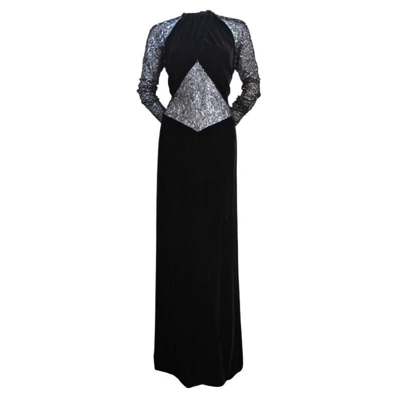 Jacqueline De Ribes black velvet gown with sheer lace panels For Sale