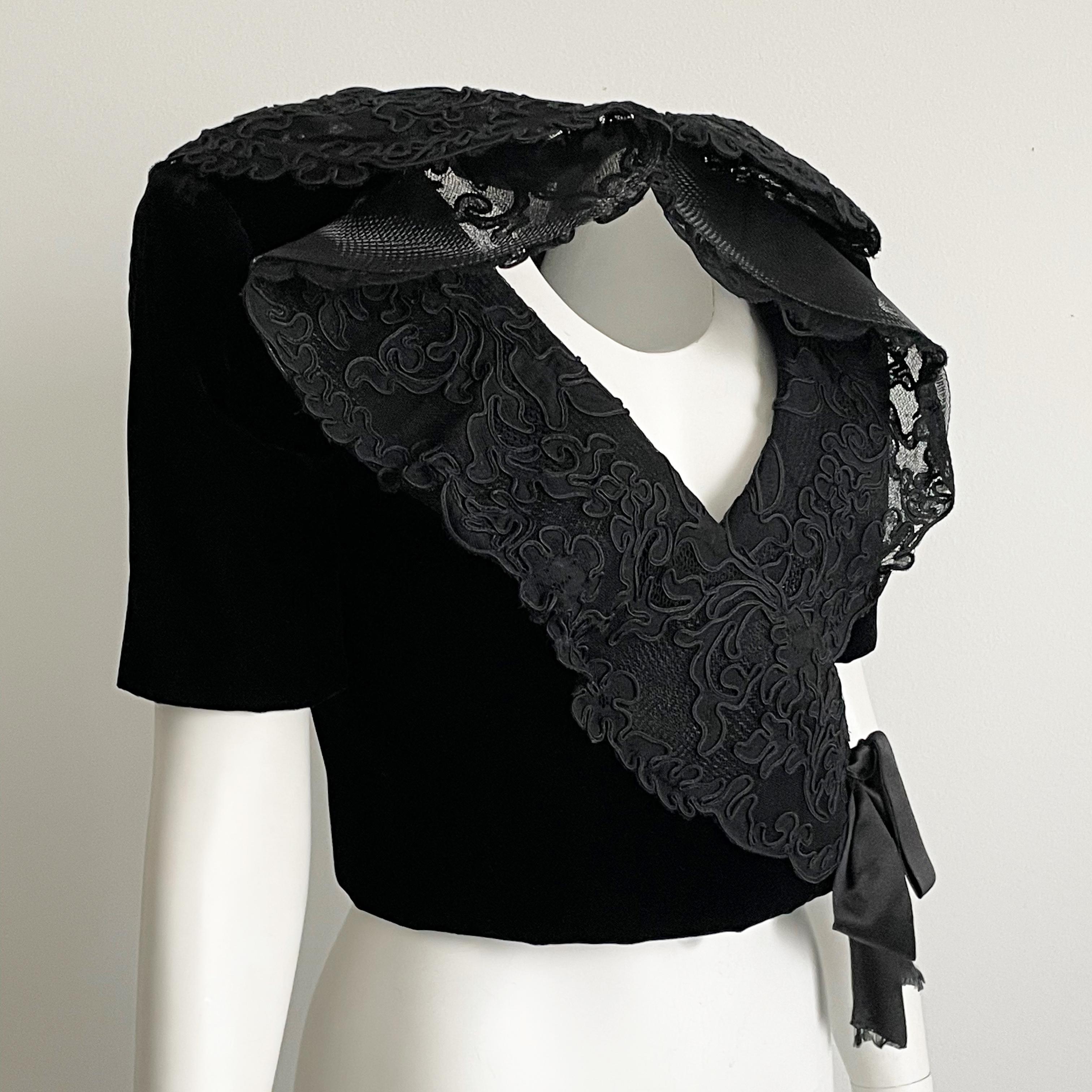 Jacqueline de Ribes Jacket Bolero Cropped Formal Couture Black Lace Velvet  For Sale 1