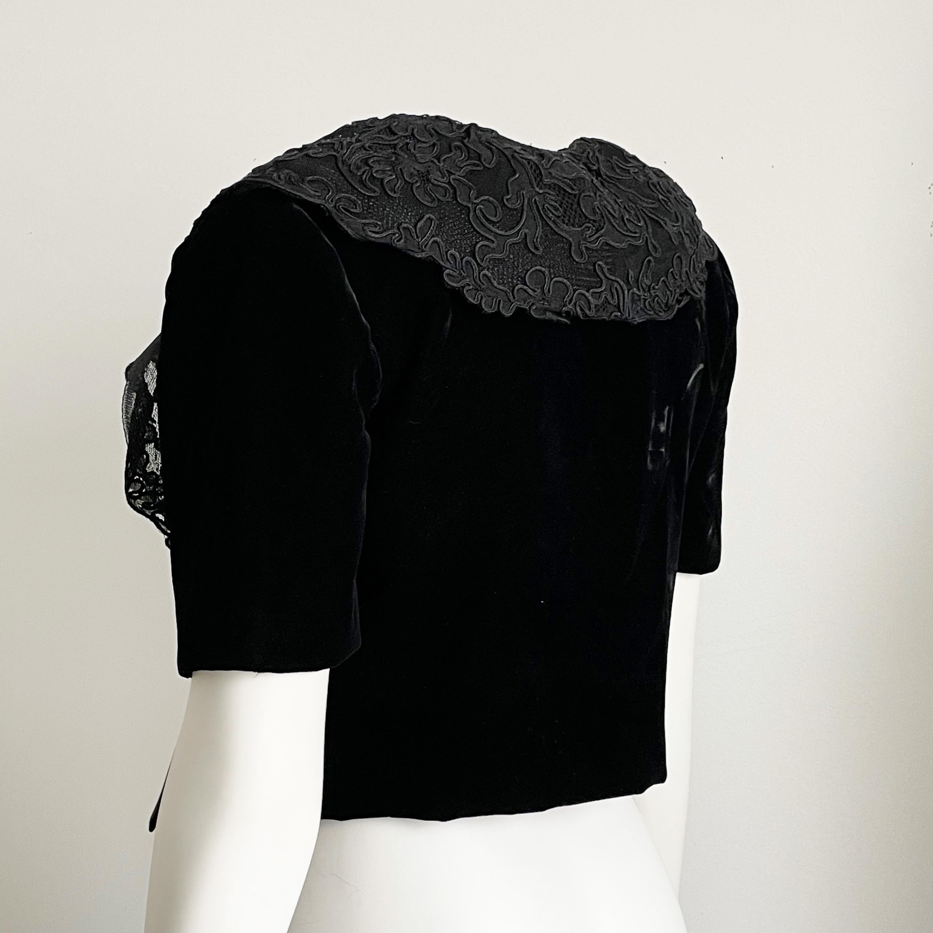 Jacqueline de Ribes Jacket Bolero Cropped Formal Couture Black Lace Velvet For Sale 3