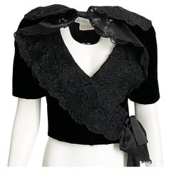 Retro Jacqueline de Ribes Jacket Bolero Cropped Formal Couture Black Lace Velvet 