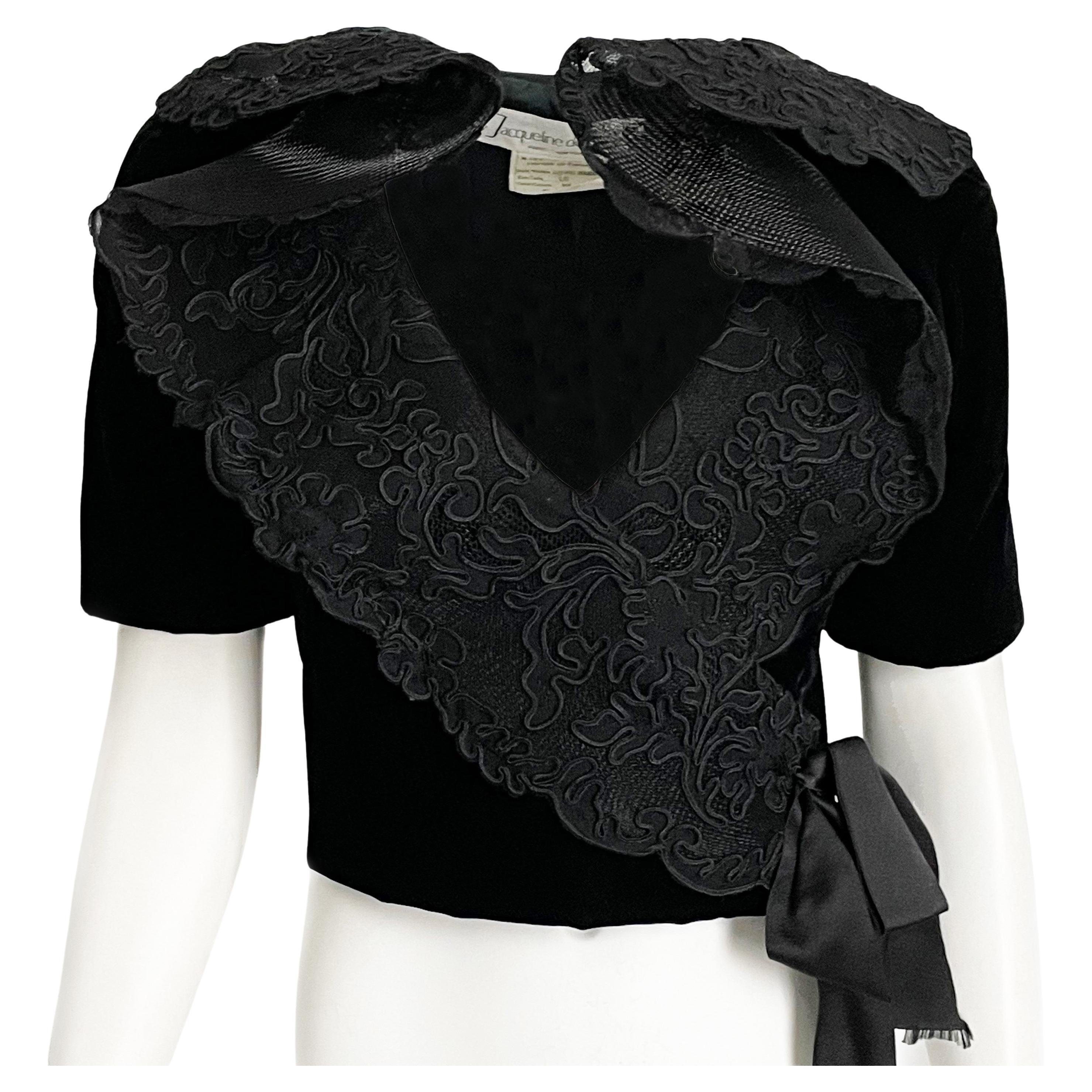 Jacqueline de Ribes Jacket Bolero Cropped Formal Couture Black Lace Velvet  For Sale