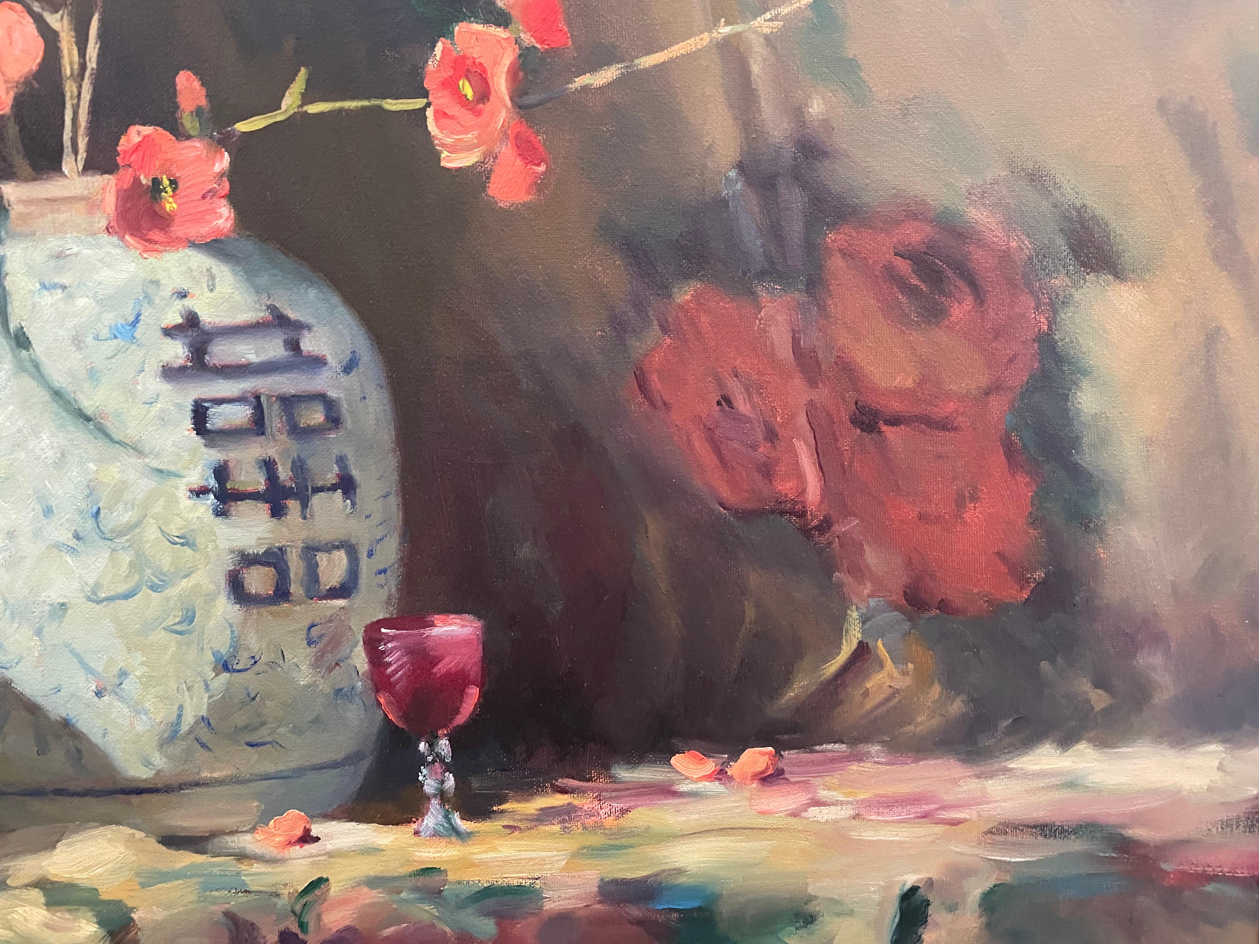 Jacqueline Fowler, Still Life With Japonica, Oil On Canvas - a beautiful decorative work depicting japonica blooms in a Japanese vase.

Jacqueline Fowler was born in England in 1945 Jacqueline now lives and works in Australia. 

She paints in oils