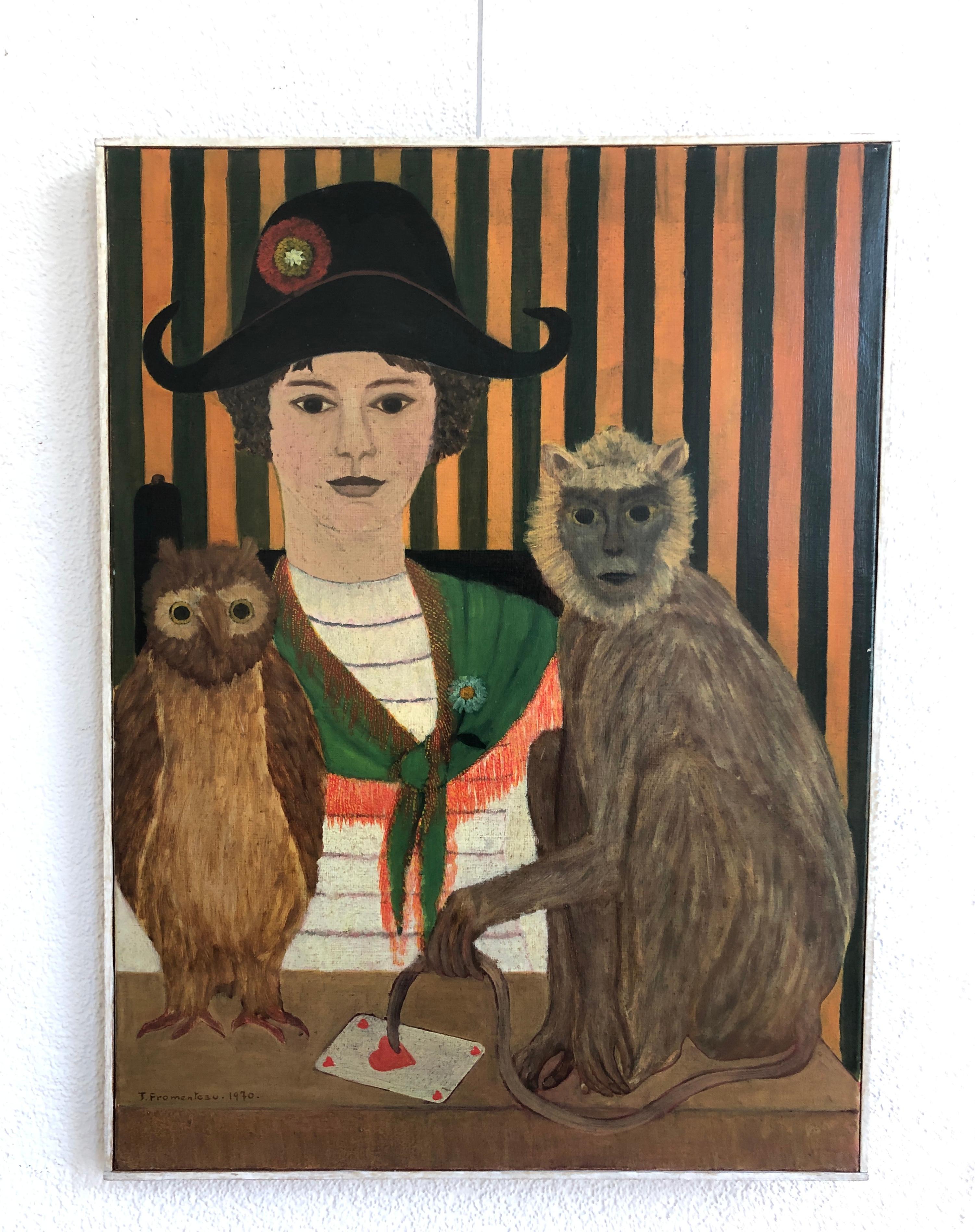 Young girl with cocked hat, monkey, owl, and queen of hearts - Painting by Jacqueline Fromenteau
