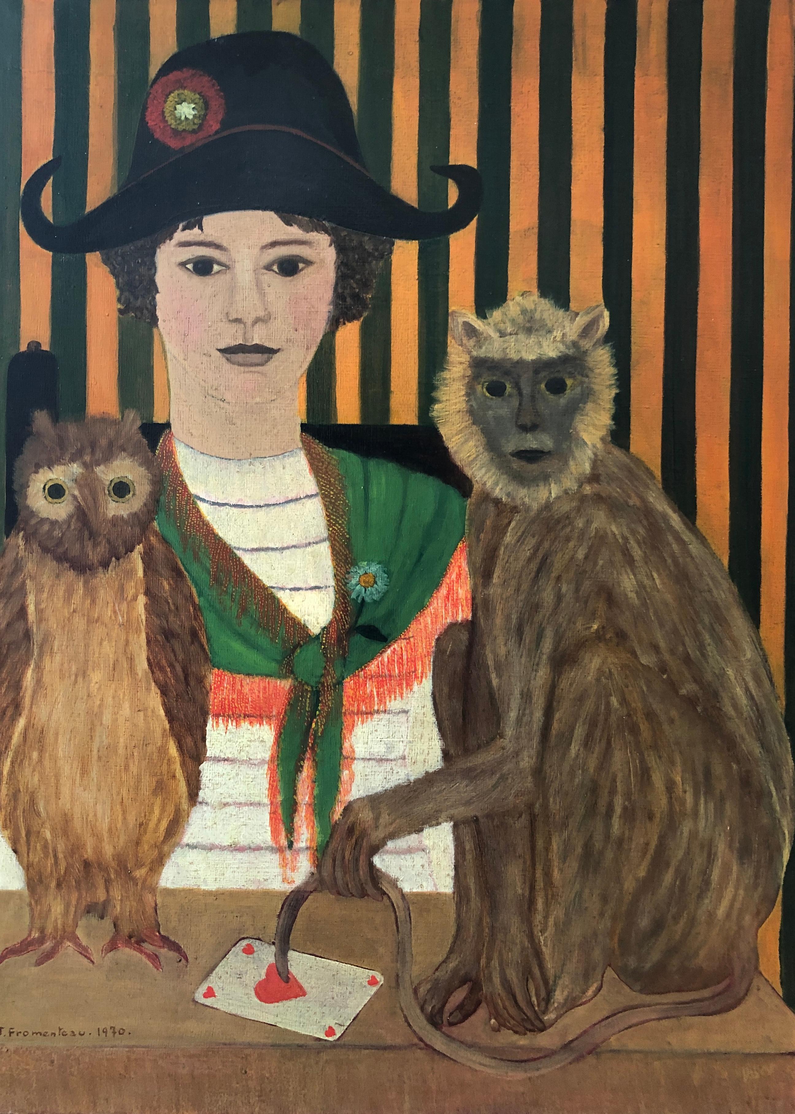 Jacqueline Fromenteau Figurative Painting - Young girl with cocked hat, monkey, owl, and queen of hearts