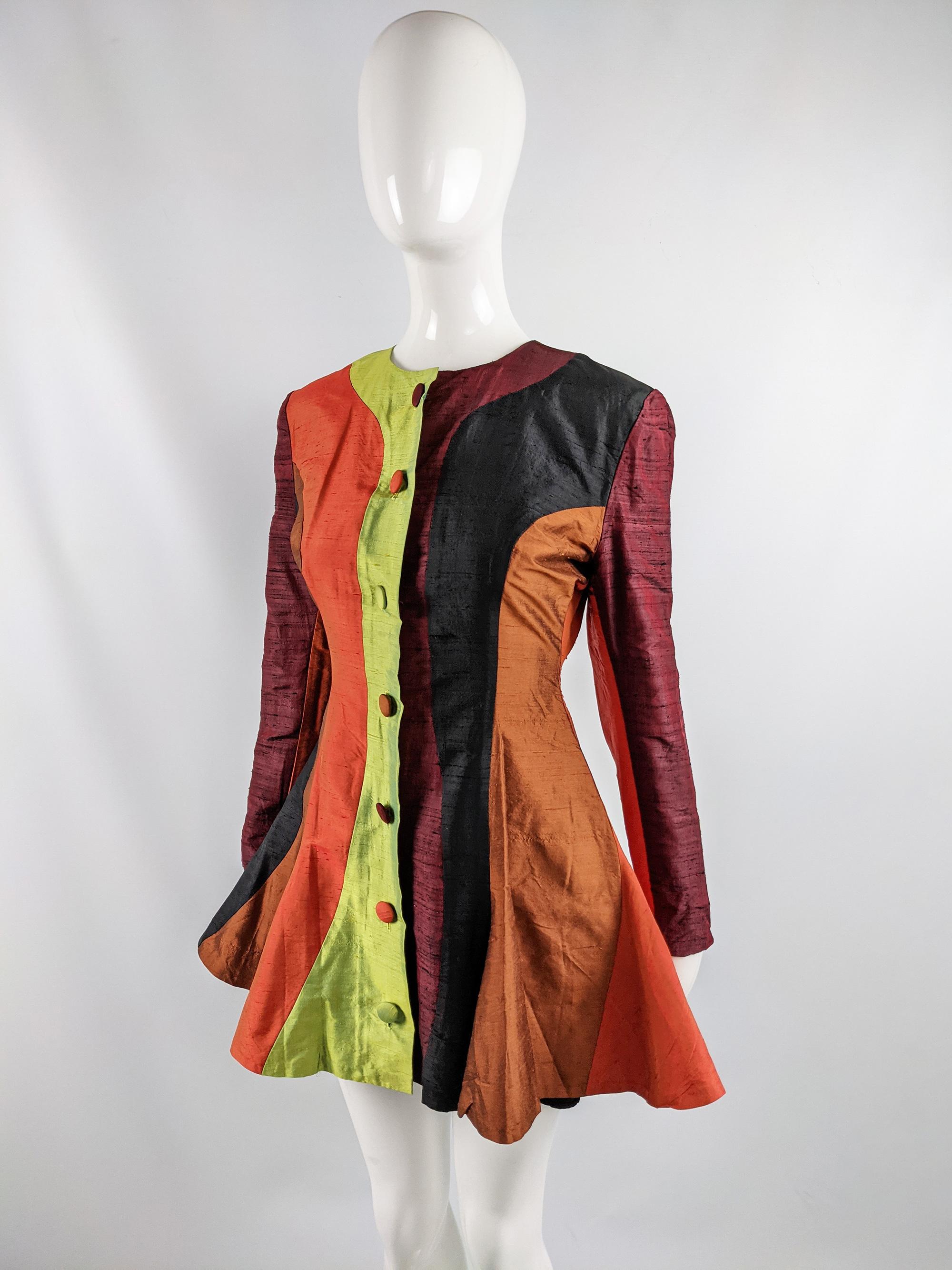 Brown Jacqueline Hancher Vintage Patchwork Silk Shantung Peplum Jacket, Spring 1992 For Sale