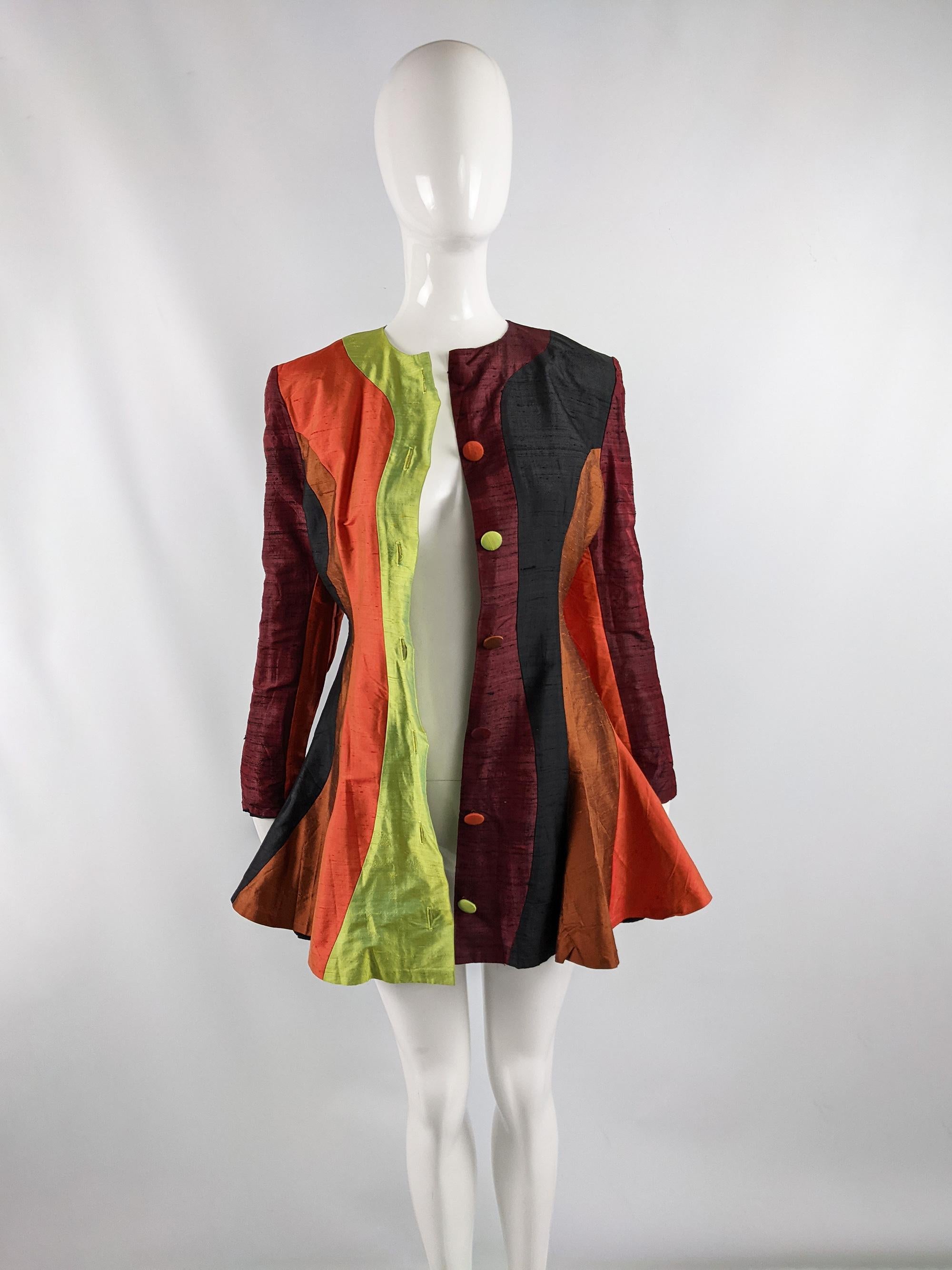 Women's Jacqueline Hancher Vintage Patchwork Silk Shantung Peplum Jacket, Spring 1992 For Sale