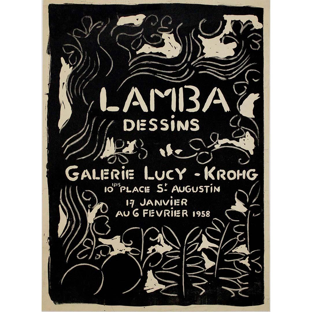 Cette affiche d'exposition originale de 1958 a été créée pour une exposition des dessins de Jacqueline Lamba à la Galerie Lucy-Krohg à Paris. Lamba, figure clé du mouvement surréaliste, était connue pour ses œuvres profondément évocatrices et