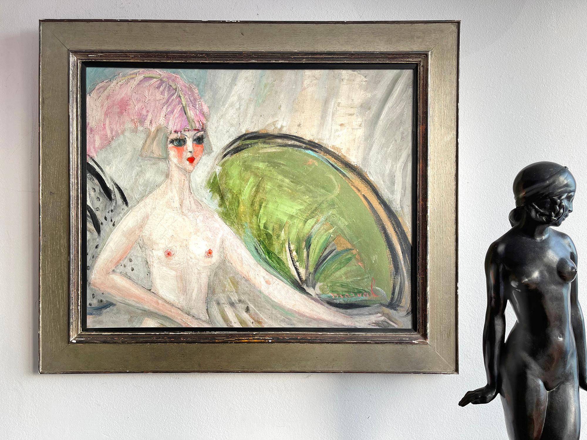 Odalisque à la Plume Rose - Nude Cabaret Dancer with Feathers - Post-Impressionist Painting by Jacqueline Marval