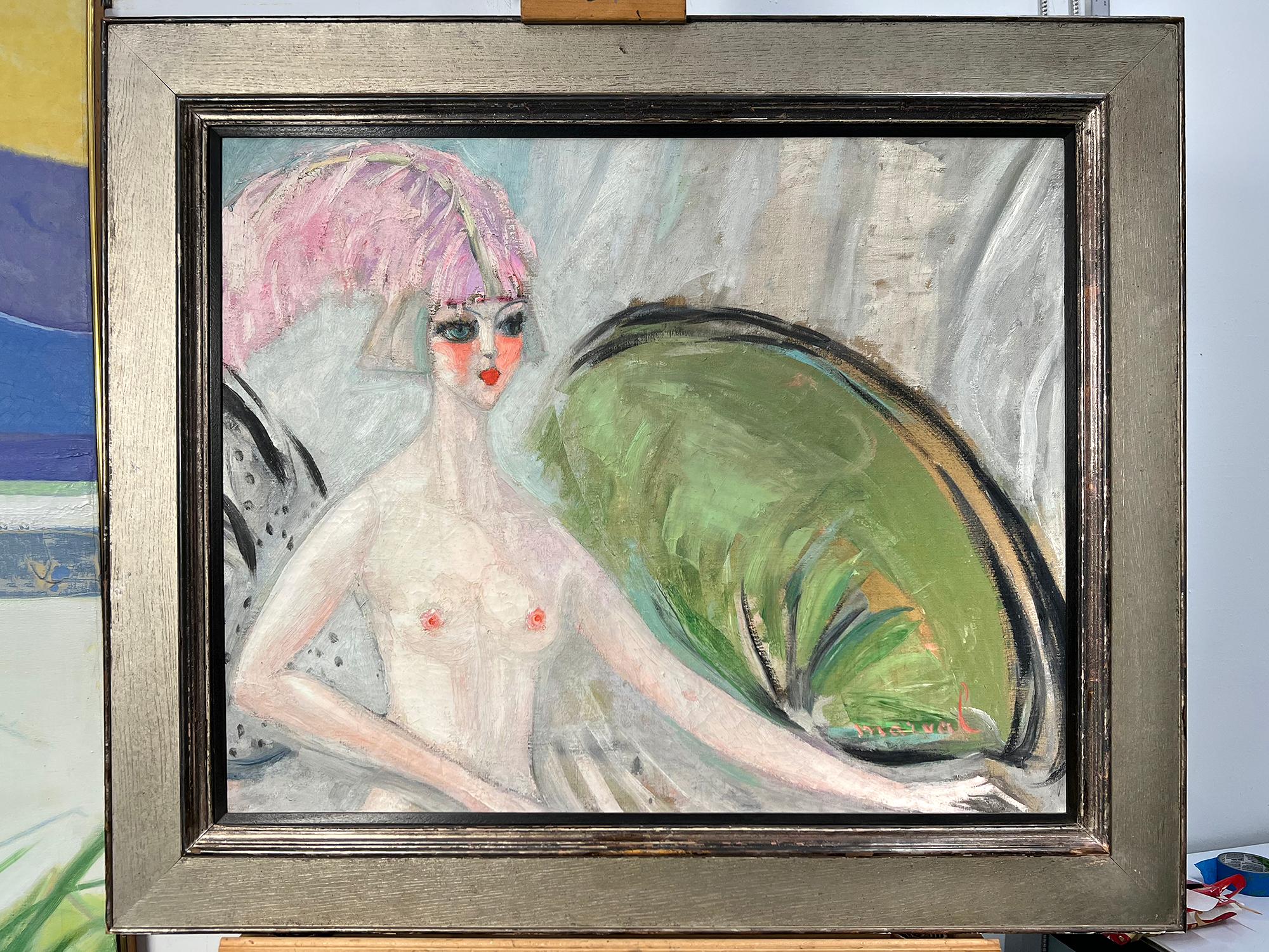 Odalisque à la Plume Rose - Nude Cabaret Dancer with Feathers For Sale 1