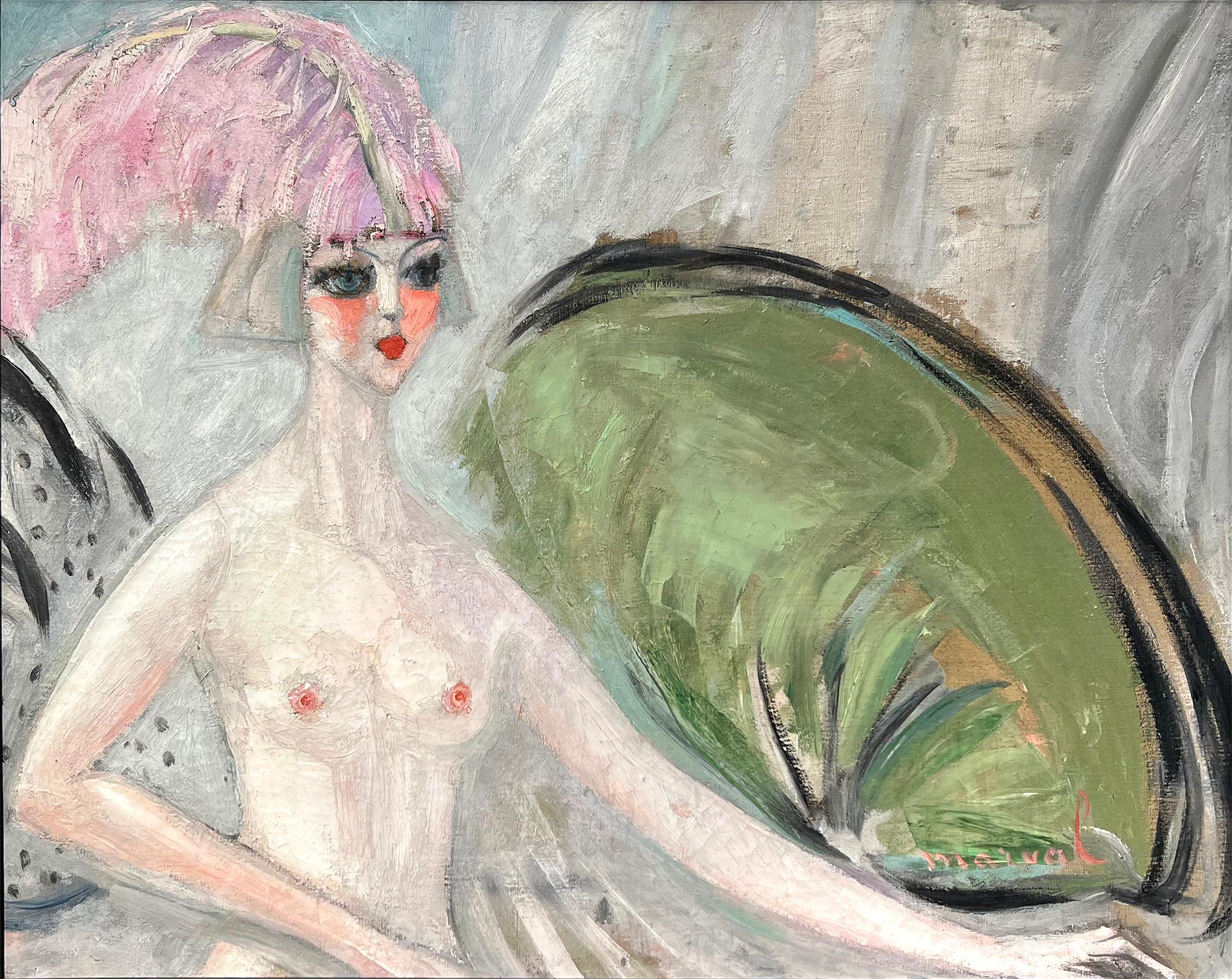 Odalisque à la Plume Rose - Nackte Cabaret-Tänzerin mit Federn (Post-Impressionismus), Painting, von Jacqueline Marval