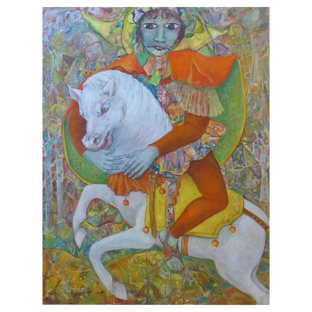 Jacqueline ROINEL '1918' Composition King's Jester on Horseback, Oil on Panel For Sale