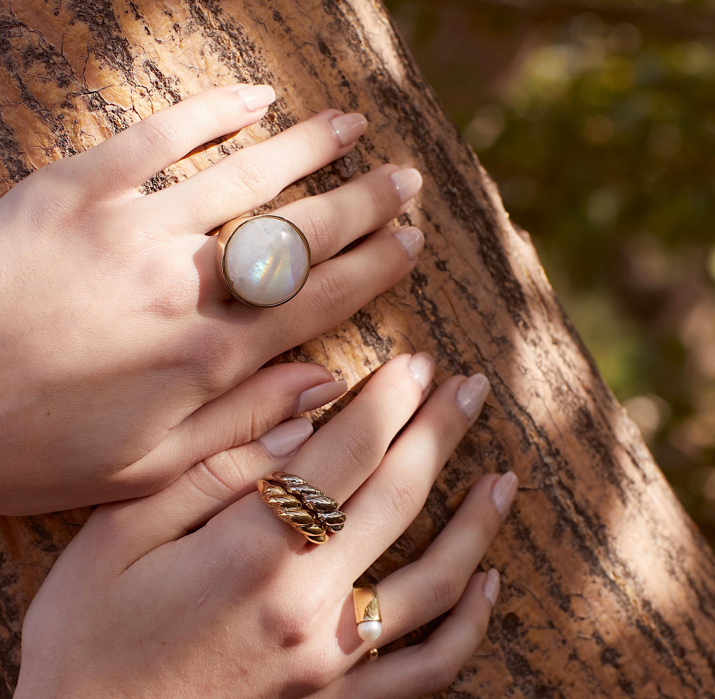 Balloon ring with fiery, Rainbow moonstone 23mm cabochon. 
An everyday statement piece. 
14K gold plated.
Size 7.
Each Jacqueline Rose piece is handcrafted in Los Angeles.
