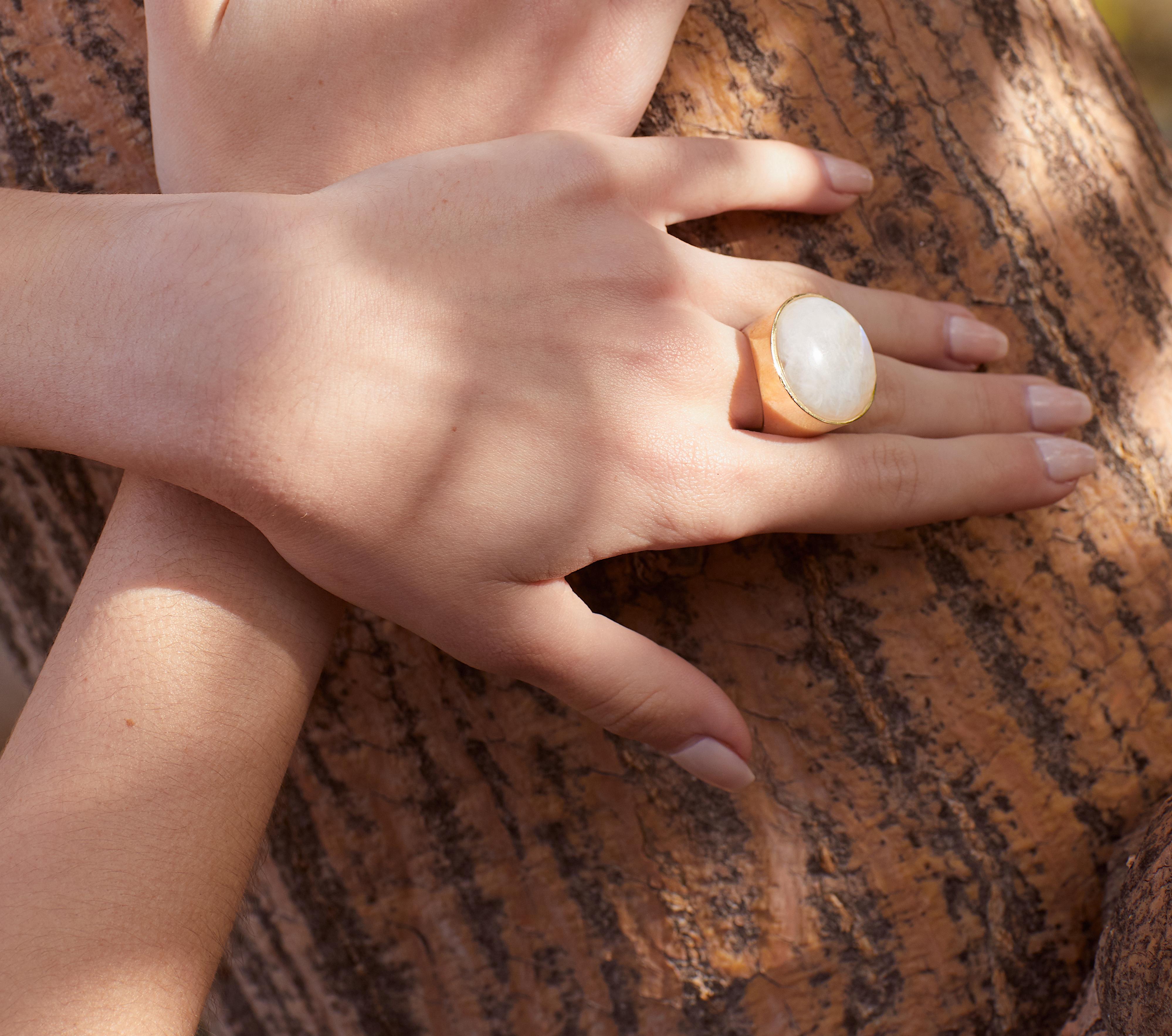 Cabochon Jacqueline Rose Balloon Rainbow Moonstone Ring For Sale