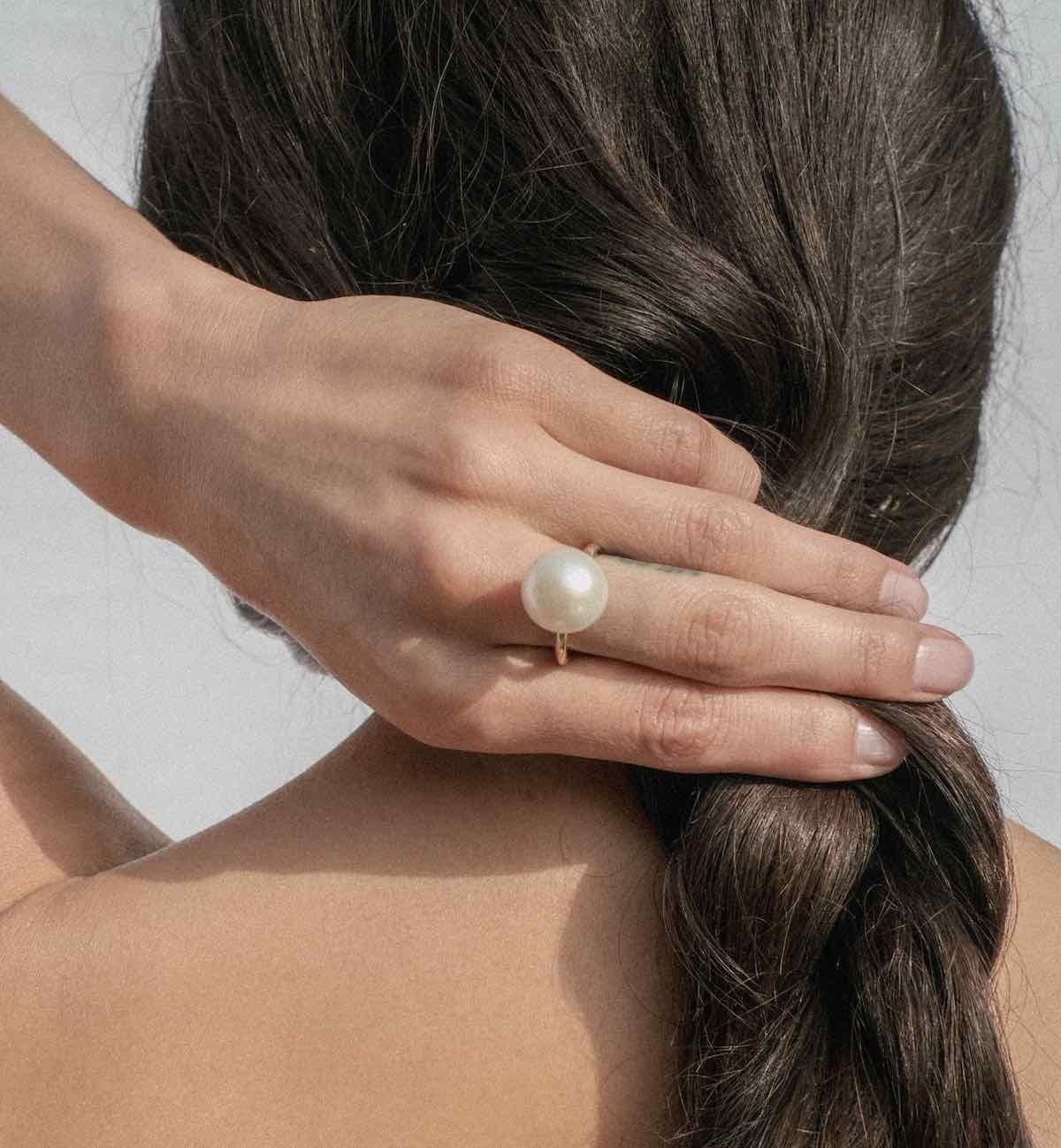 Globe ring with large, lustrous Freshwater pearl.
14K yellow gold band. 
Pearls are approximately 13-14mm, one of a kind & may vary slightly.
Each Jacqueline Rose piece is handcrafted in Los Angeles.
