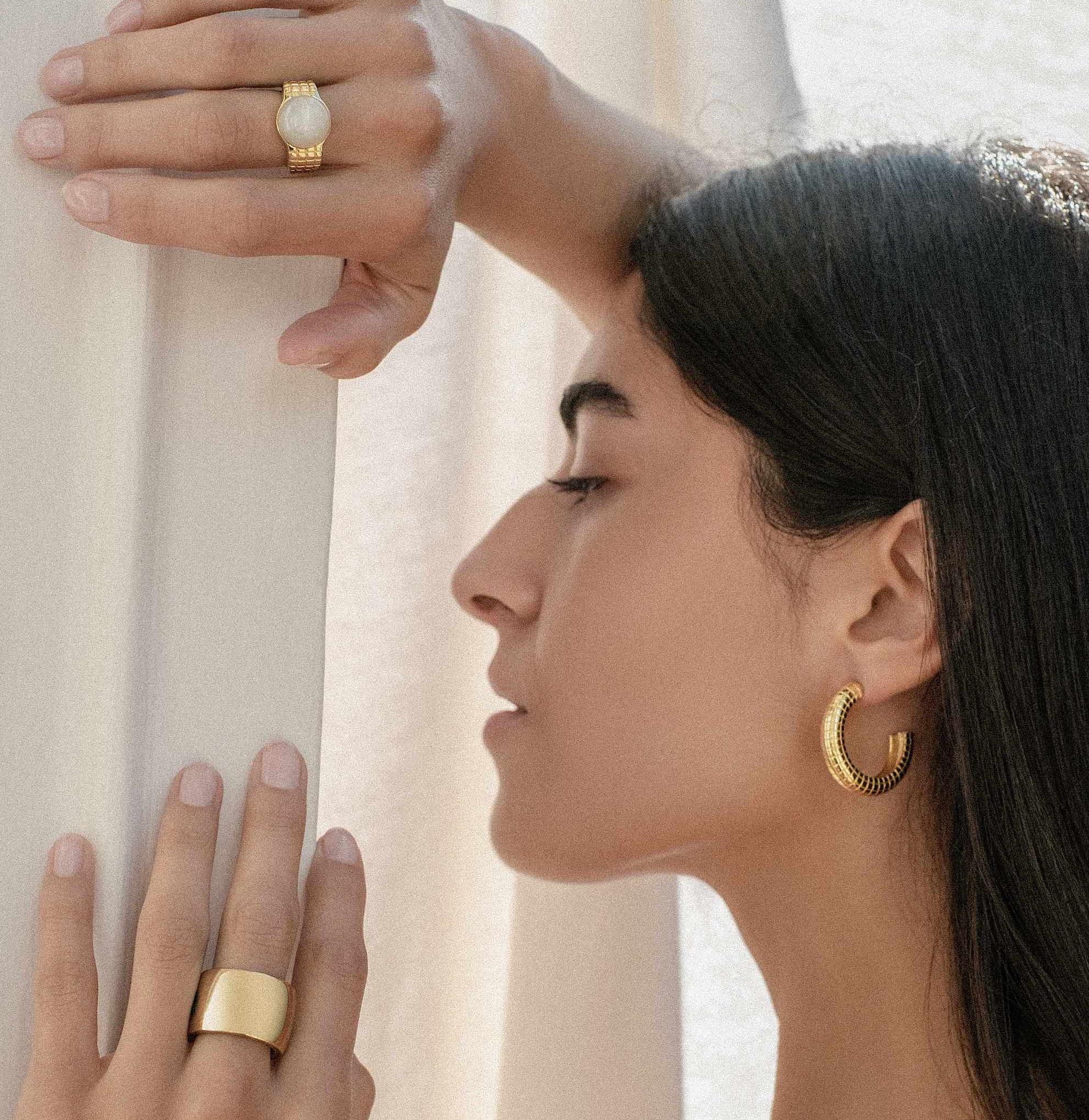 Sculptural, Lattice hoops.
An everyday, lightweight design. 
14K gold plated.
Each Jacqueline Rose piece is handcrafted in Los Angeles.
