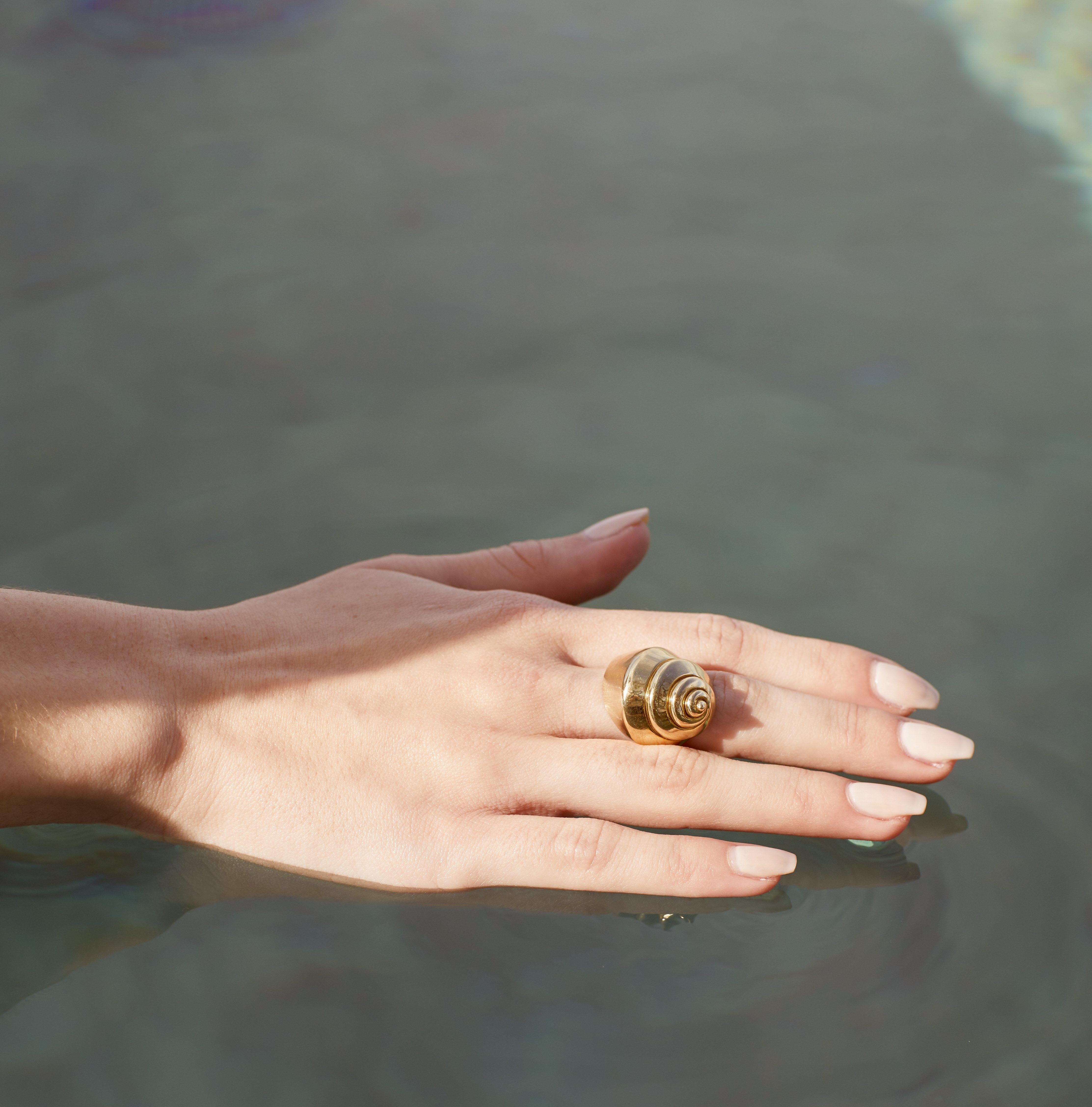 Sculptural Turbo shell ring.
14K gold plated band. 
An everyday statement piece.
Size 7.
Custom sizing available.
Each Jacqueline Rose piece is handcrafted in Los Angeles.