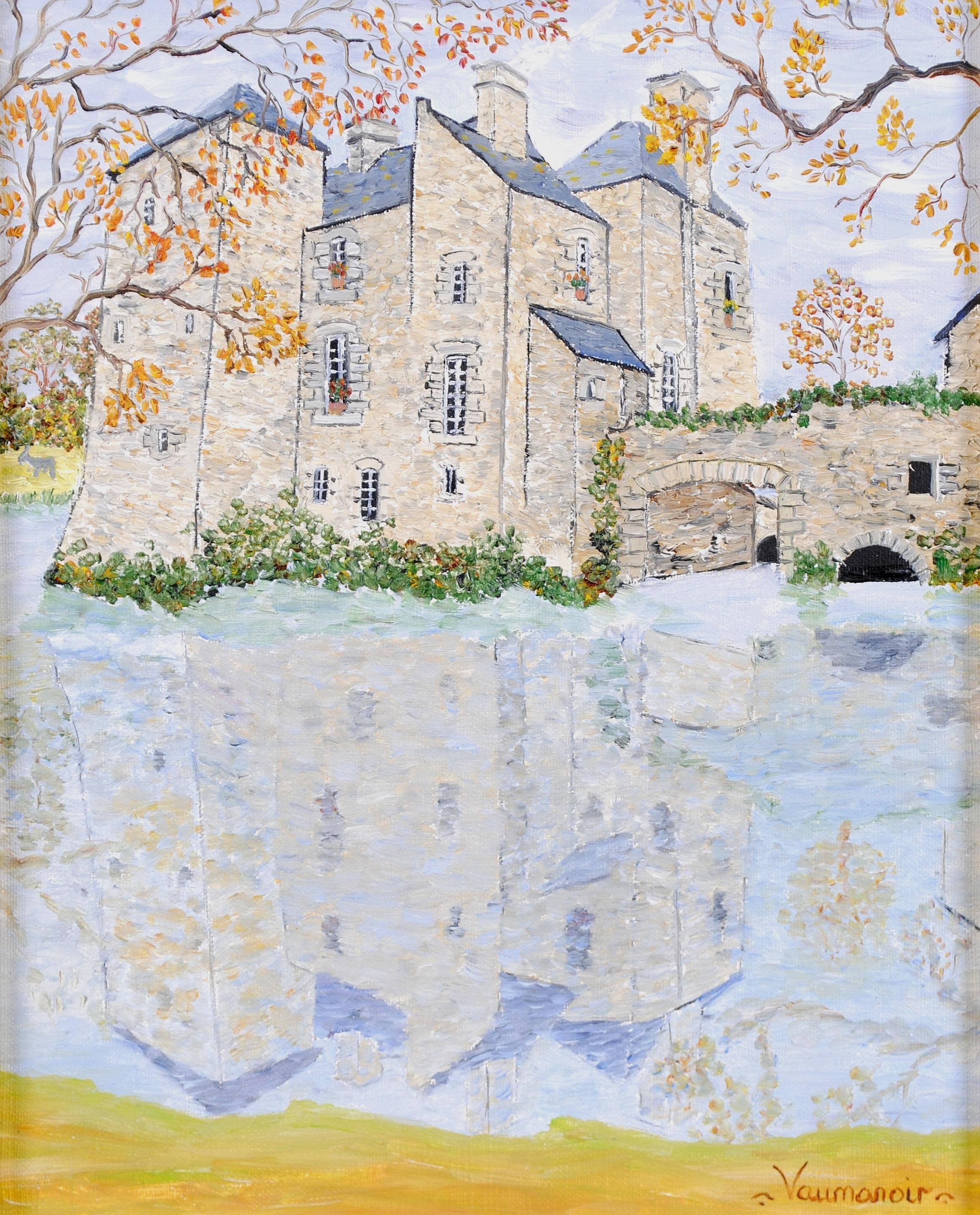 Chateau - Französisches Naif-Gemälde, Öl auf Leinwand, Landschaftsgemälde, Mitte des 20. Jahrhunderts – Painting von Jacqueline Vaumanoir