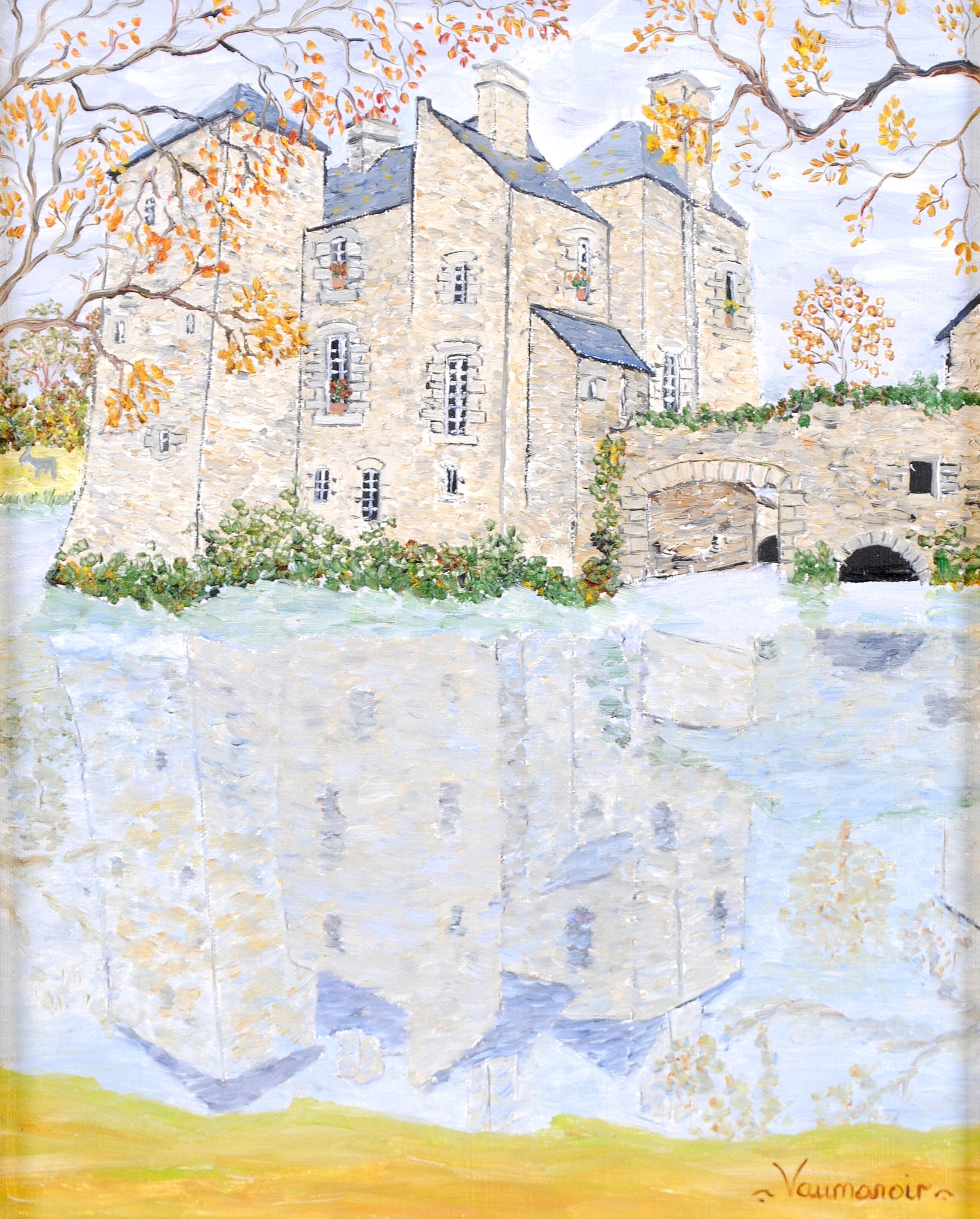 Chateau - Französisches Naif-Gemälde, Öl auf Leinwand, Landschaftsgemälde, Mitte des 20. Jahrhunderts (Beige), Landscape Painting, von Jacqueline Vaumanoir