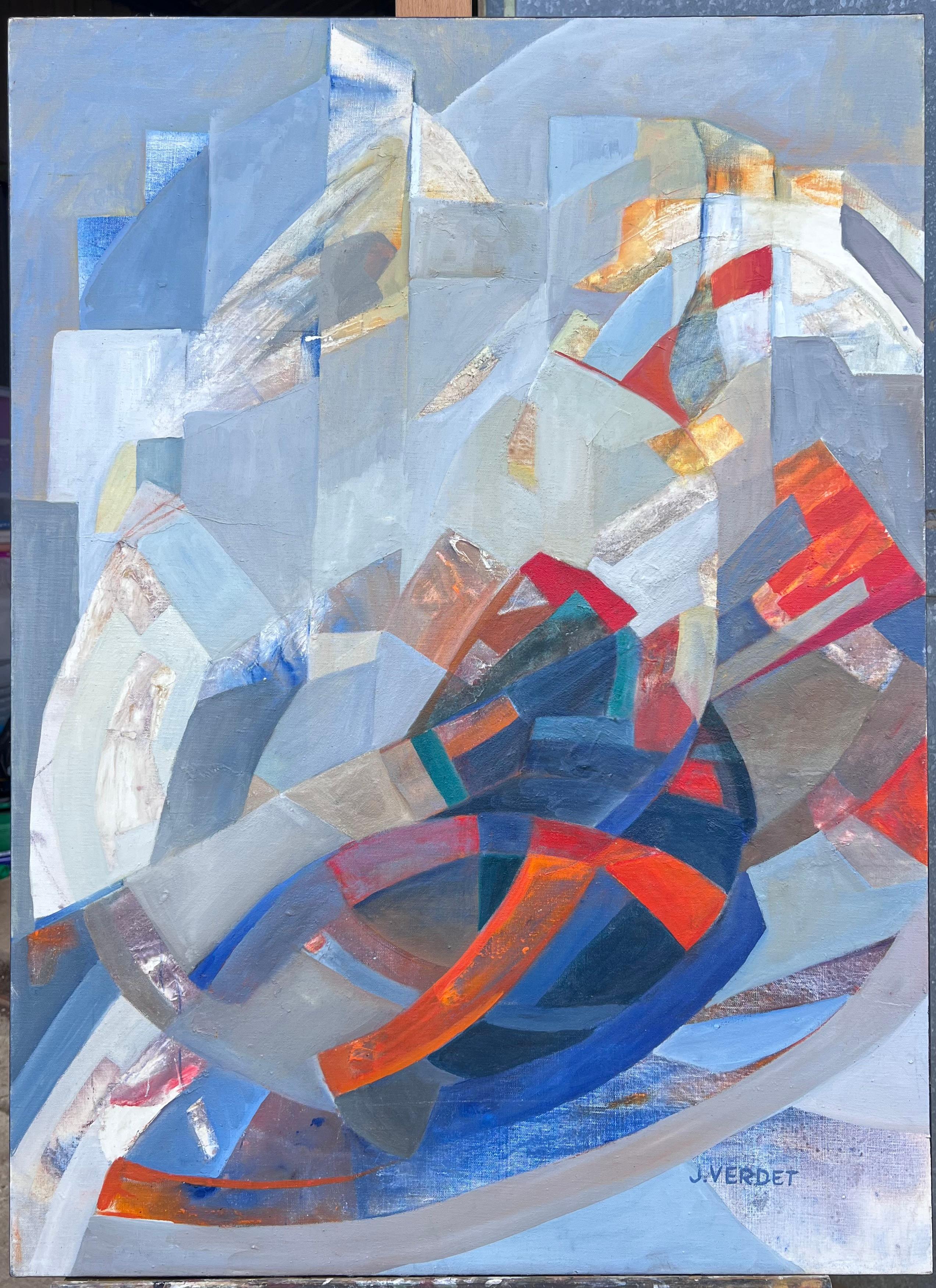 Großes französisches zeitgenössisches modernistisches abstraktes geometrisches Komposition Ölgemälde – Painting von Jacqueline Verdet (1931-2023)