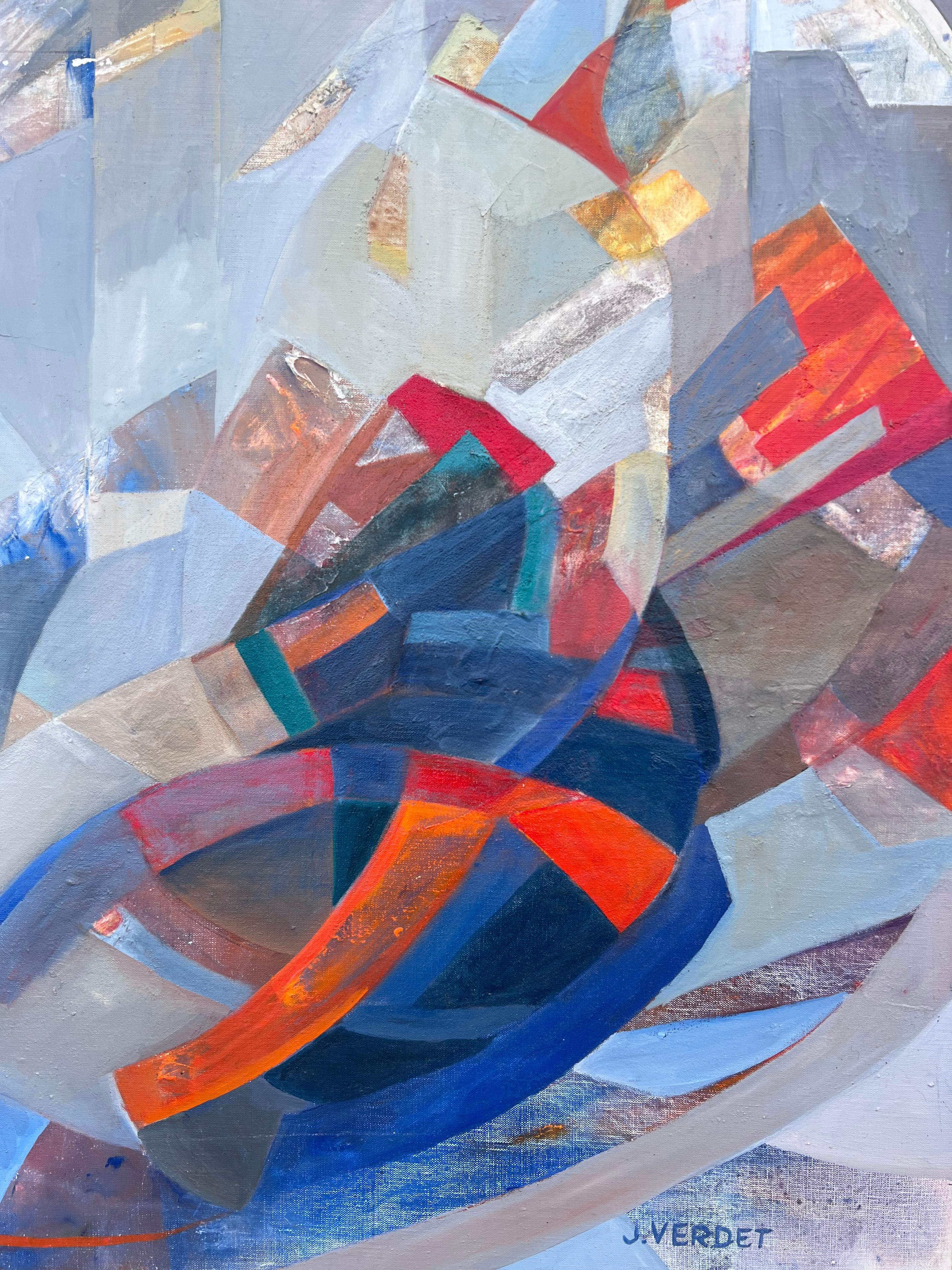 Großes französisches zeitgenössisches modernistisches abstraktes geometrisches Komposition Ölgemälde (Geometrische Abstraktion), Painting, von Jacqueline Verdet (1931-2023)