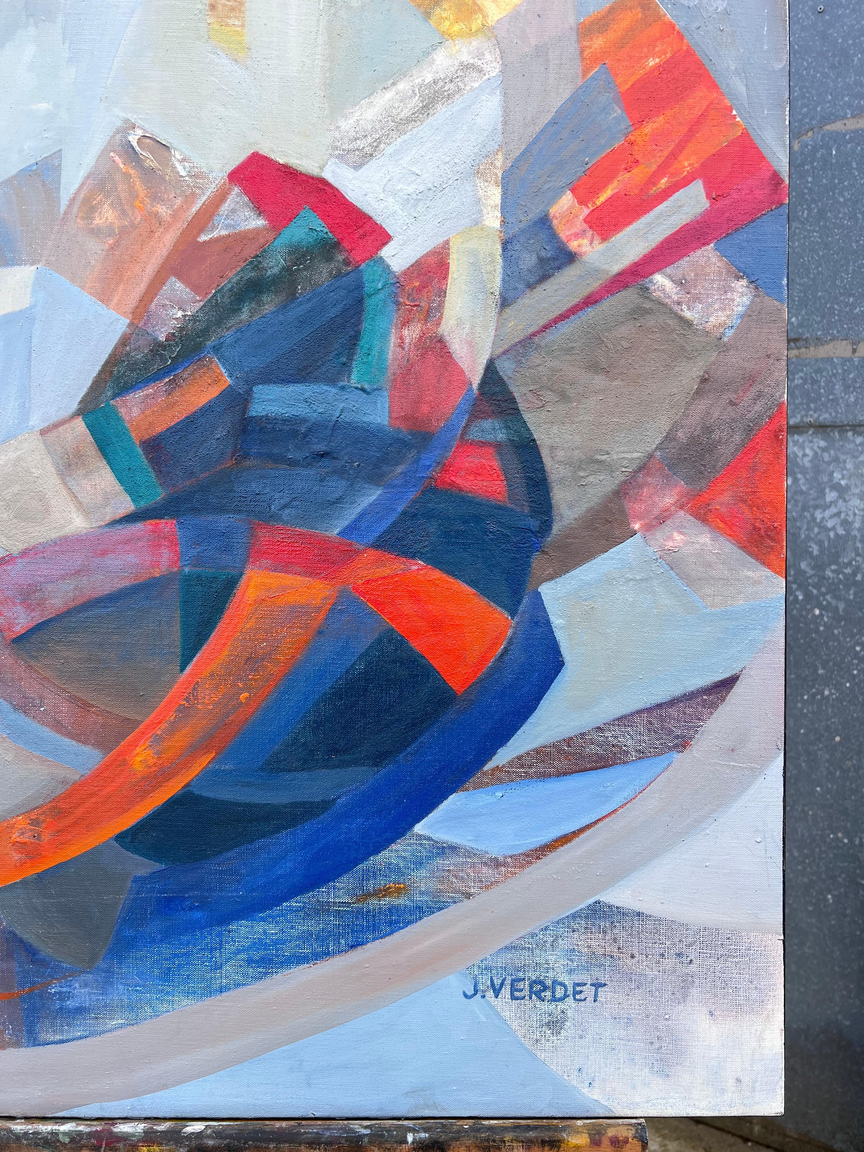 Großes französisches zeitgenössisches modernistisches abstraktes geometrisches Komposition Ölgemälde (Blau), Abstract Painting, von Jacqueline Verdet (1931-2023)