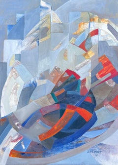 Huge French Contemporary Modernist Abstract Geometic Composition Oil Painting