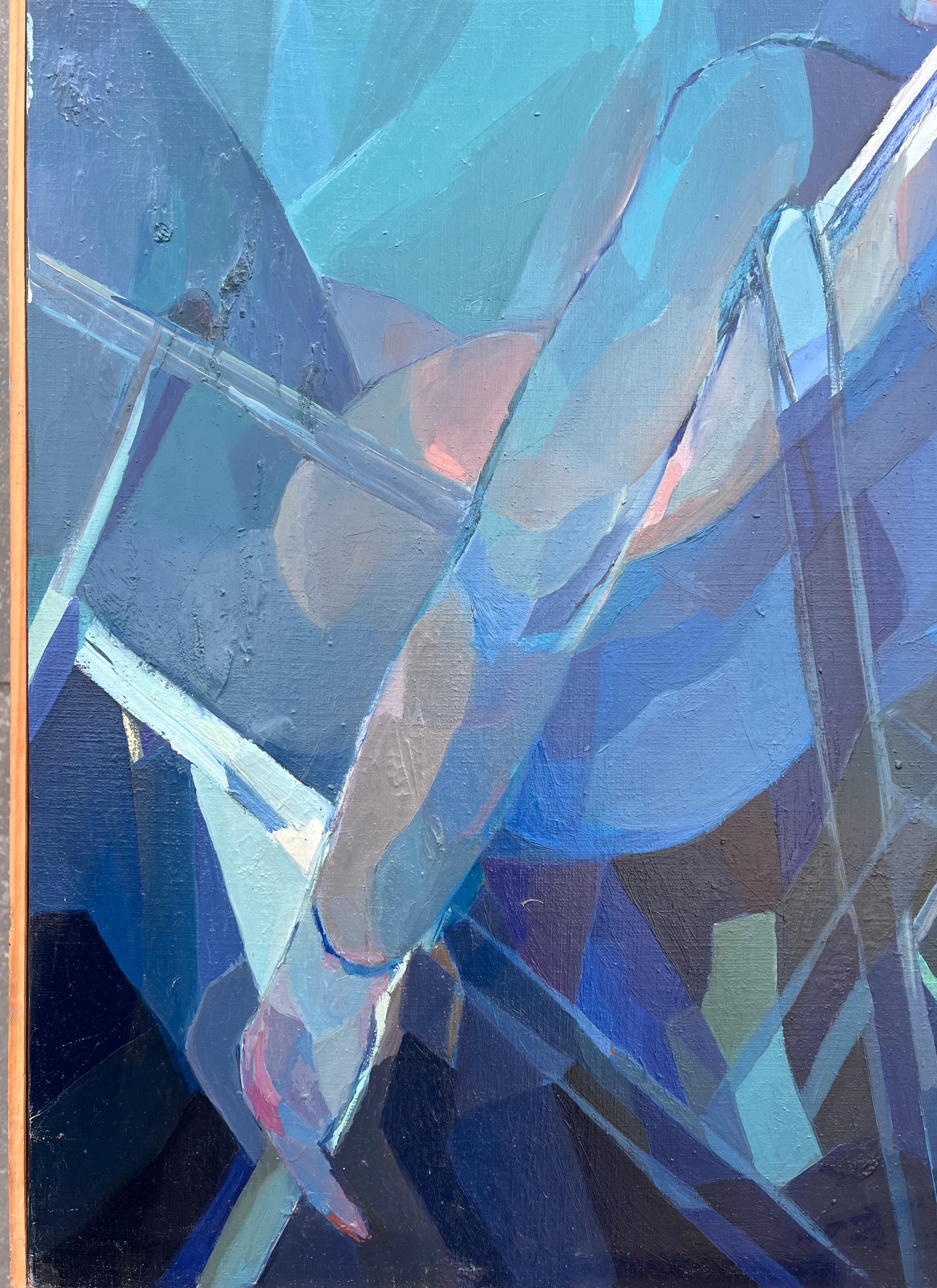 Großes französisches modernistisches abstraktes Ölgemälde Blaues Mädchen im Liegestuhl im Angebot 7