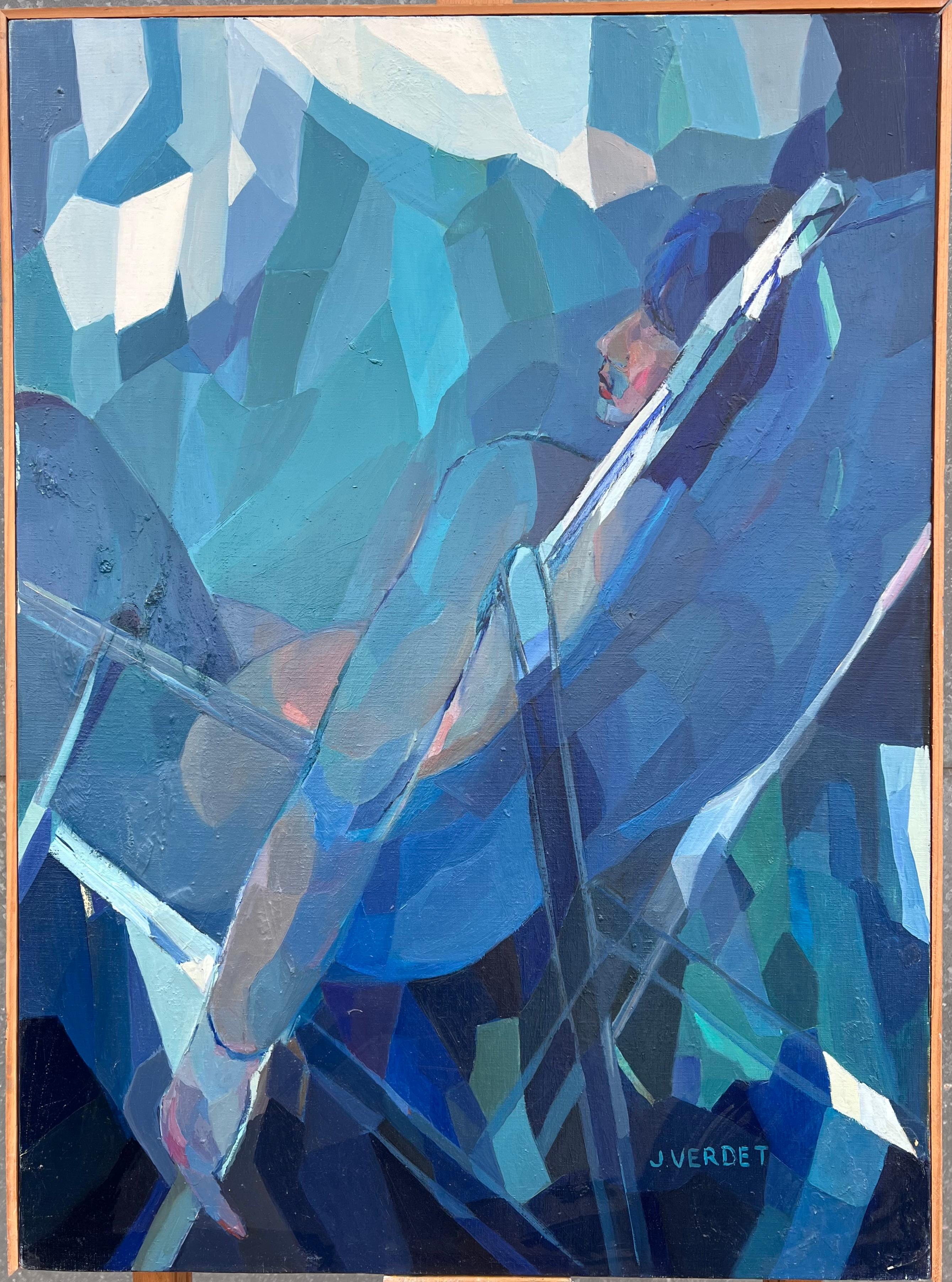 Großes französisches modernistisches abstraktes Ölgemälde Blaues Mädchen im Liegestuhl – Painting von Jacqueline Verdet (1931-2023)