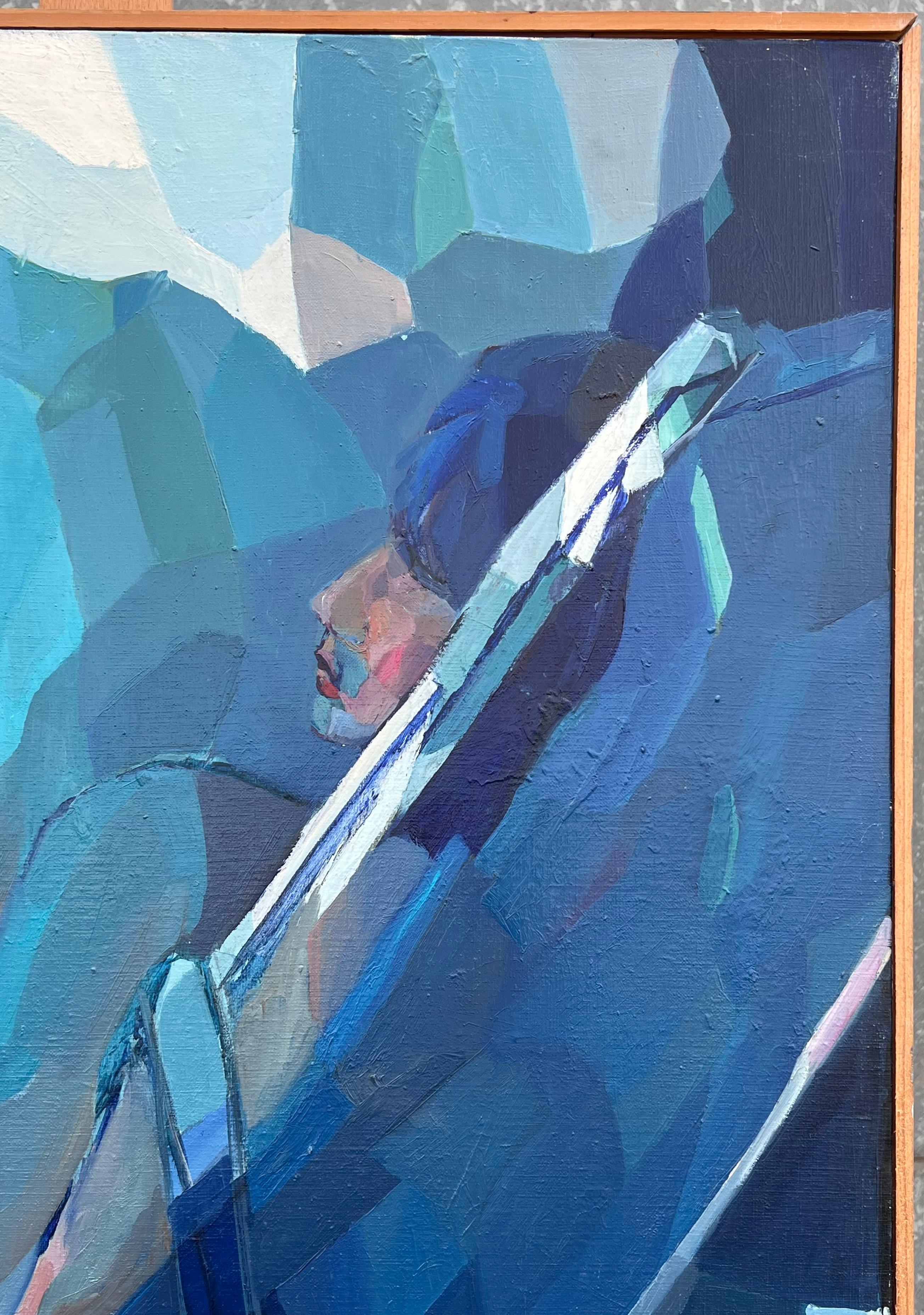 Großes französisches modernistisches abstraktes Ölgemälde Blaues Mädchen im Liegestuhl (Geometrische Abstraktion), Painting, von Jacqueline Verdet (1931-2023)