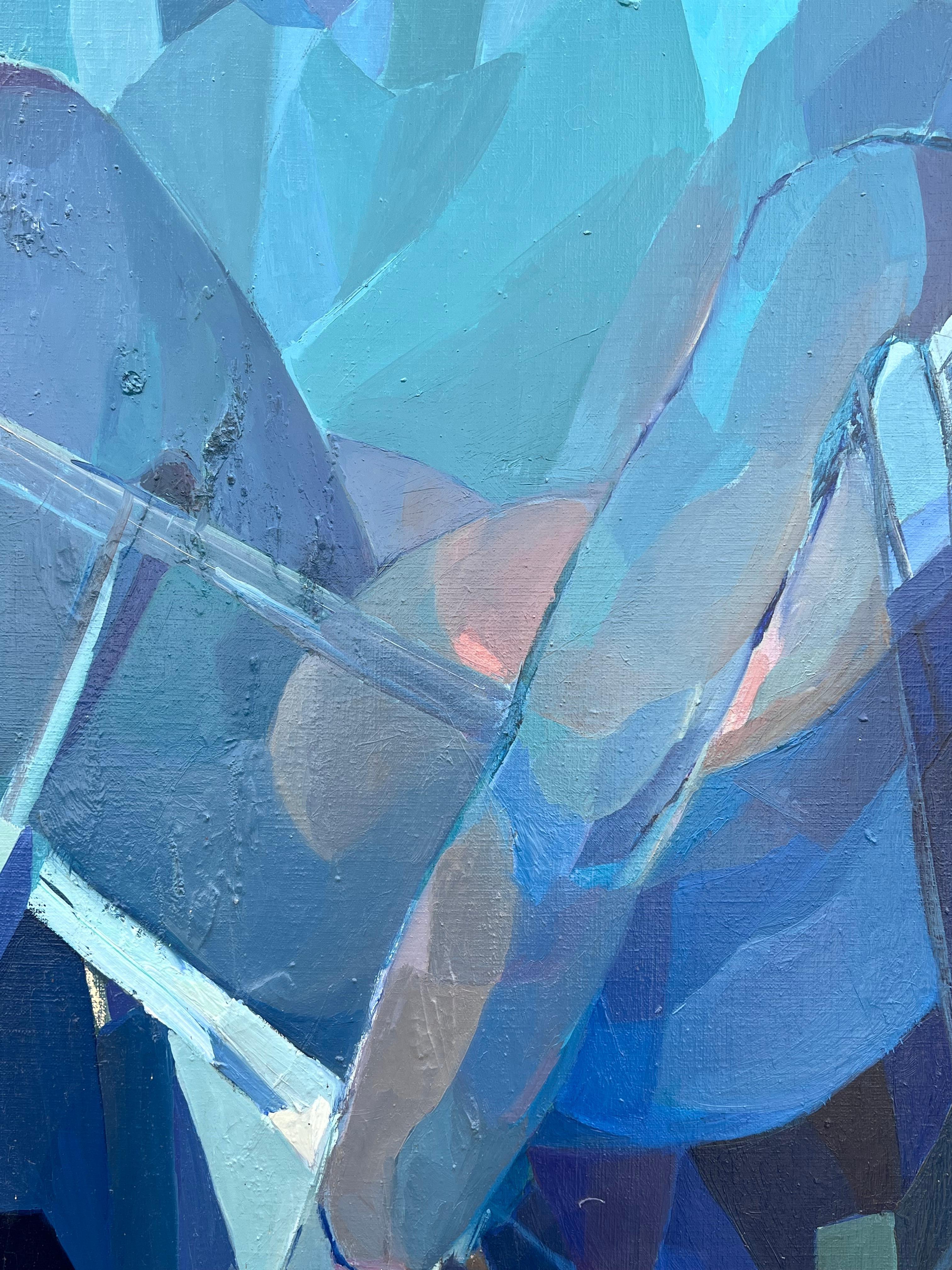 Großes französisches modernistisches abstraktes Ölgemälde Blaues Mädchen im Liegestuhl im Angebot 3