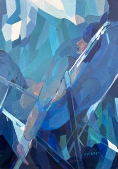 Huge French Contemporary Modernist Abstract Oil Painting Blue Girl in Deckchair