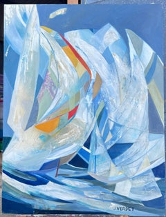 Immense peinture à l'huile abstraite contemporaine moderniste française bleu blanc voiles vent