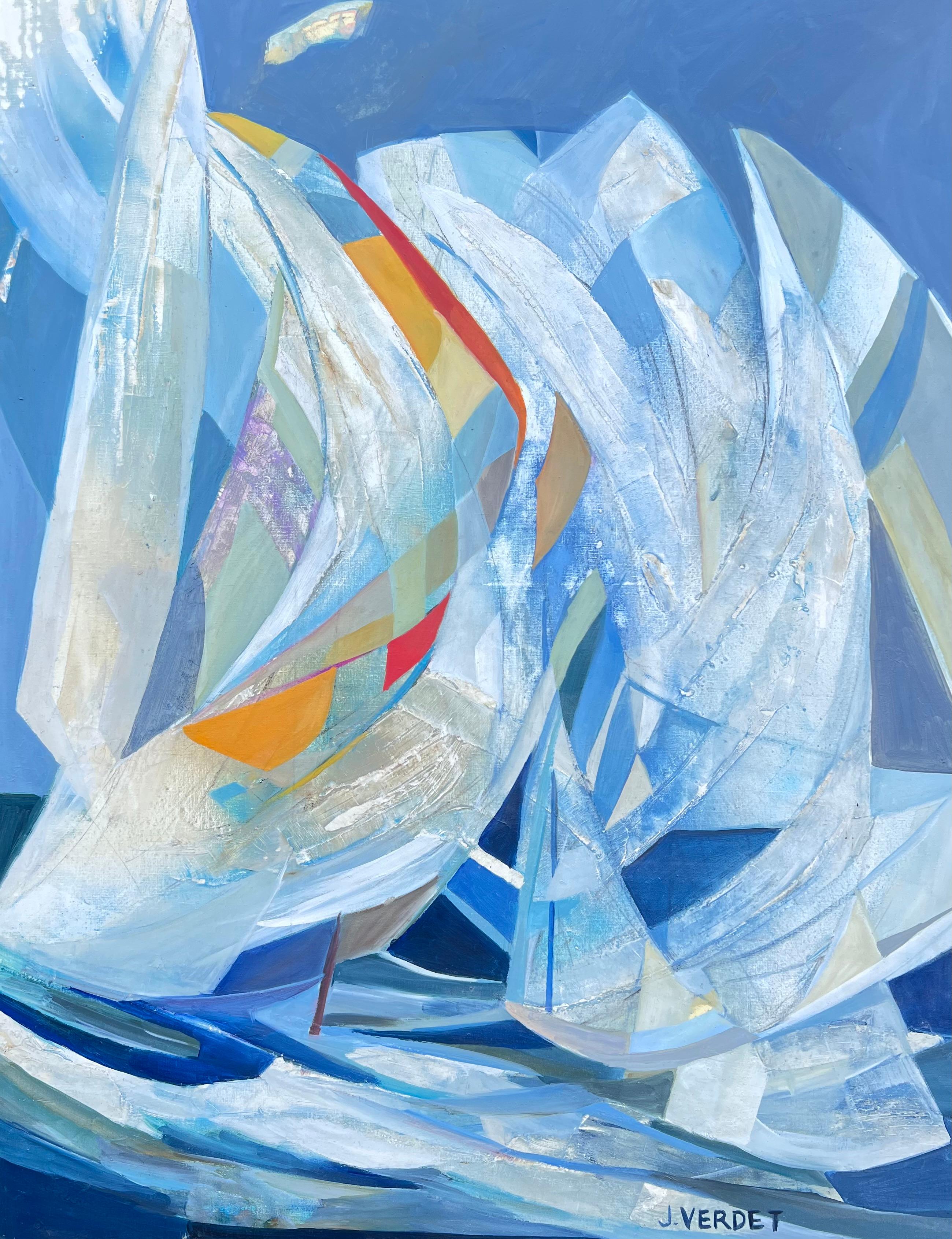 Huge French Contemporary Modernist Abstract Oil Painting Blue White Sails Wind