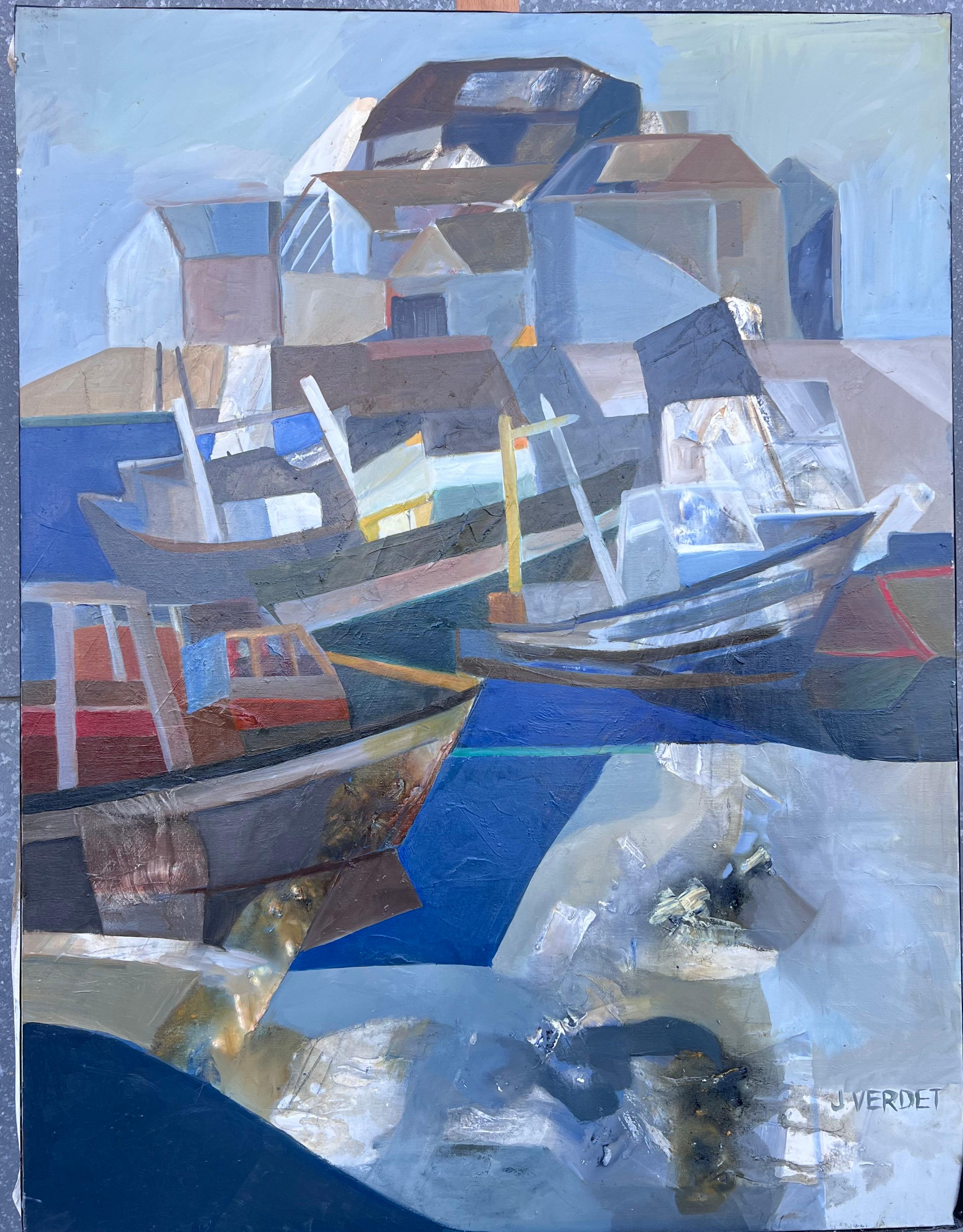 Riesiges französisches zeitgenössisches modernistisches abstraktes Ölgemälde Boote im Hafen – Painting von Jacqueline Verdet (1931-2023)