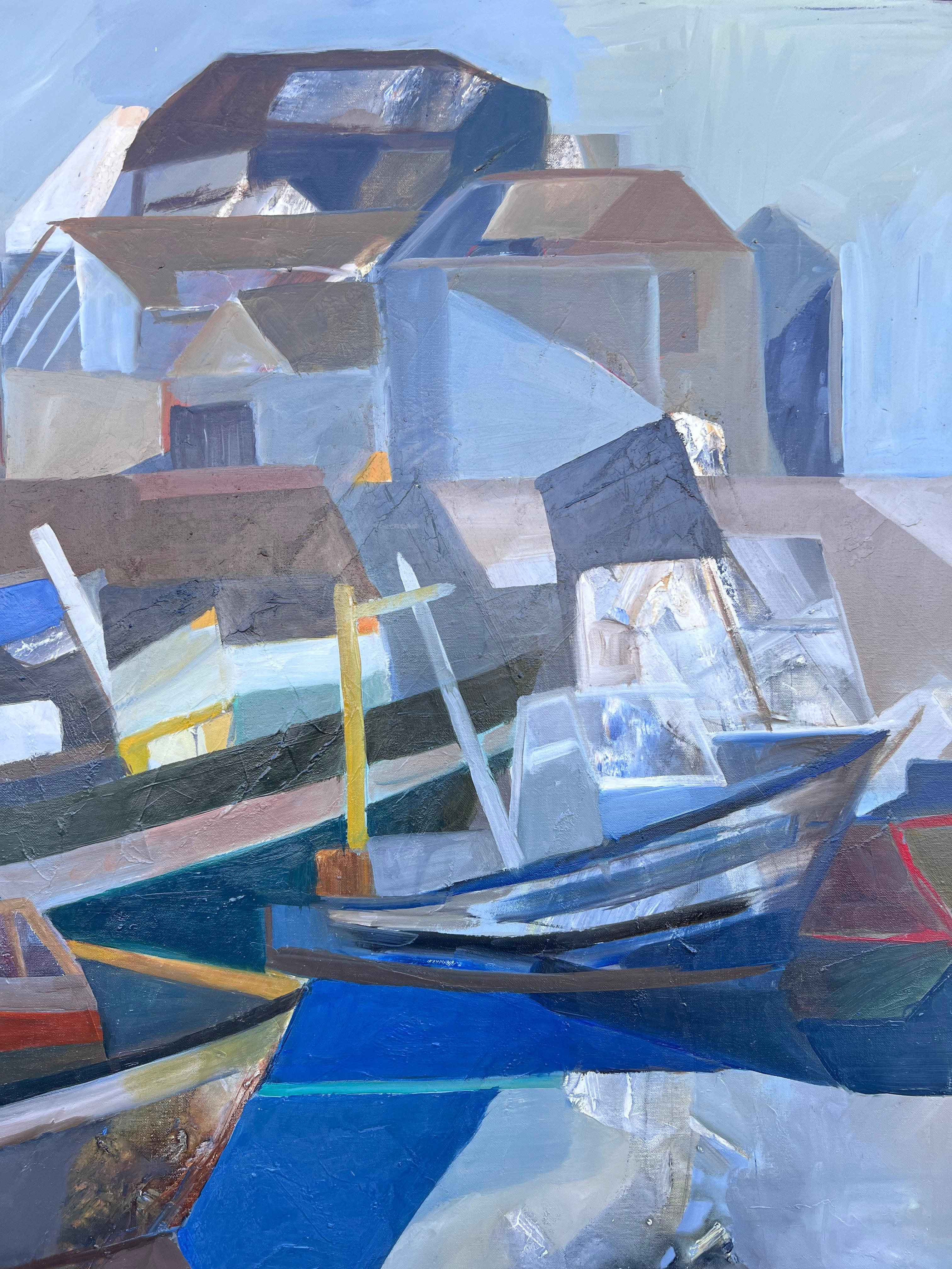 Riesiges französisches zeitgenössisches modernistisches abstraktes Ölgemälde Boote im Hafen (Geometrische Abstraktion), Painting, von Jacqueline Verdet (1931-2023)