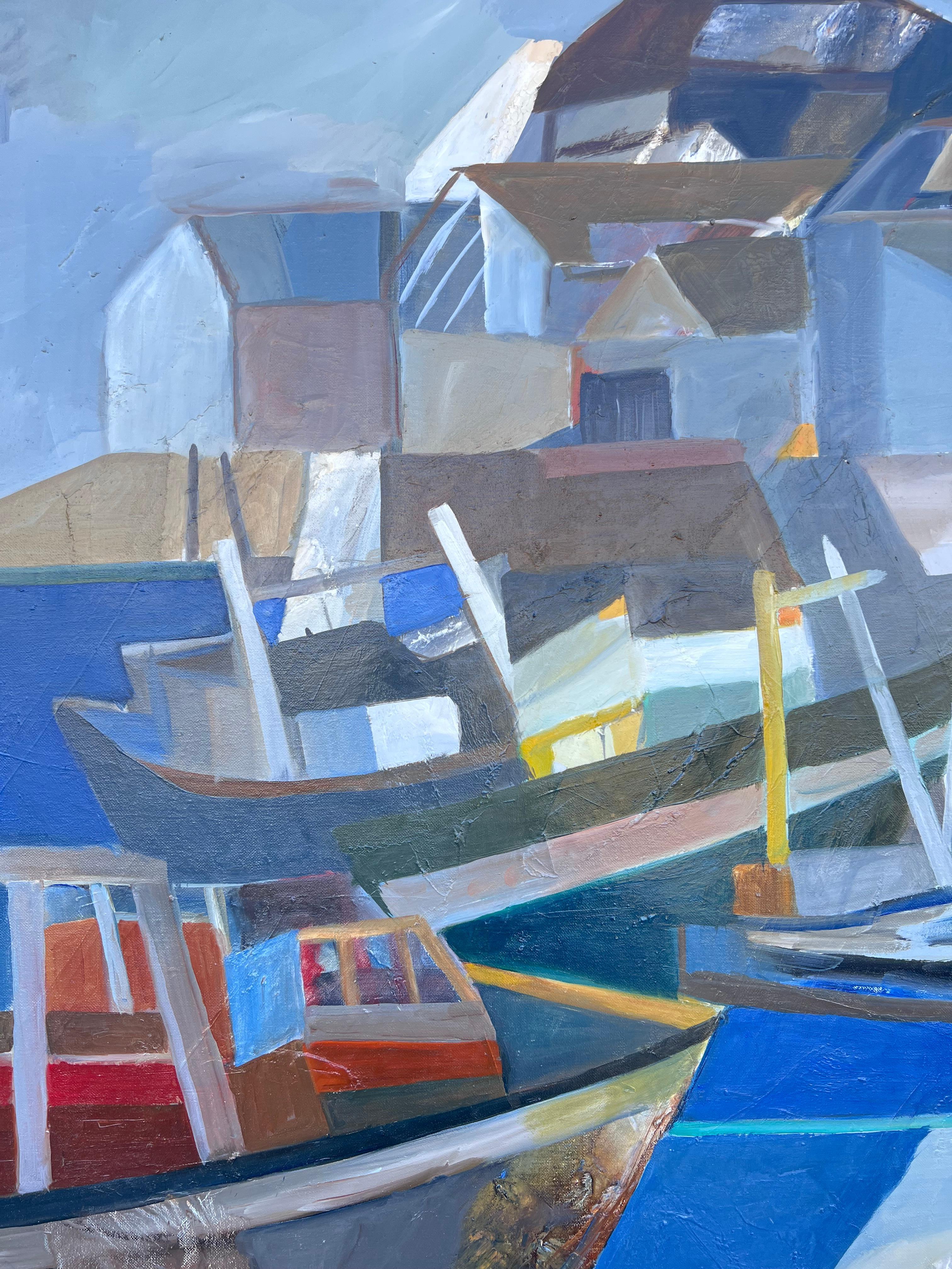 Riesiges französisches zeitgenössisches modernistisches abstraktes Ölgemälde Boote im Hafen (Blau), Landscape Painting, von Jacqueline Verdet (1931-2023)