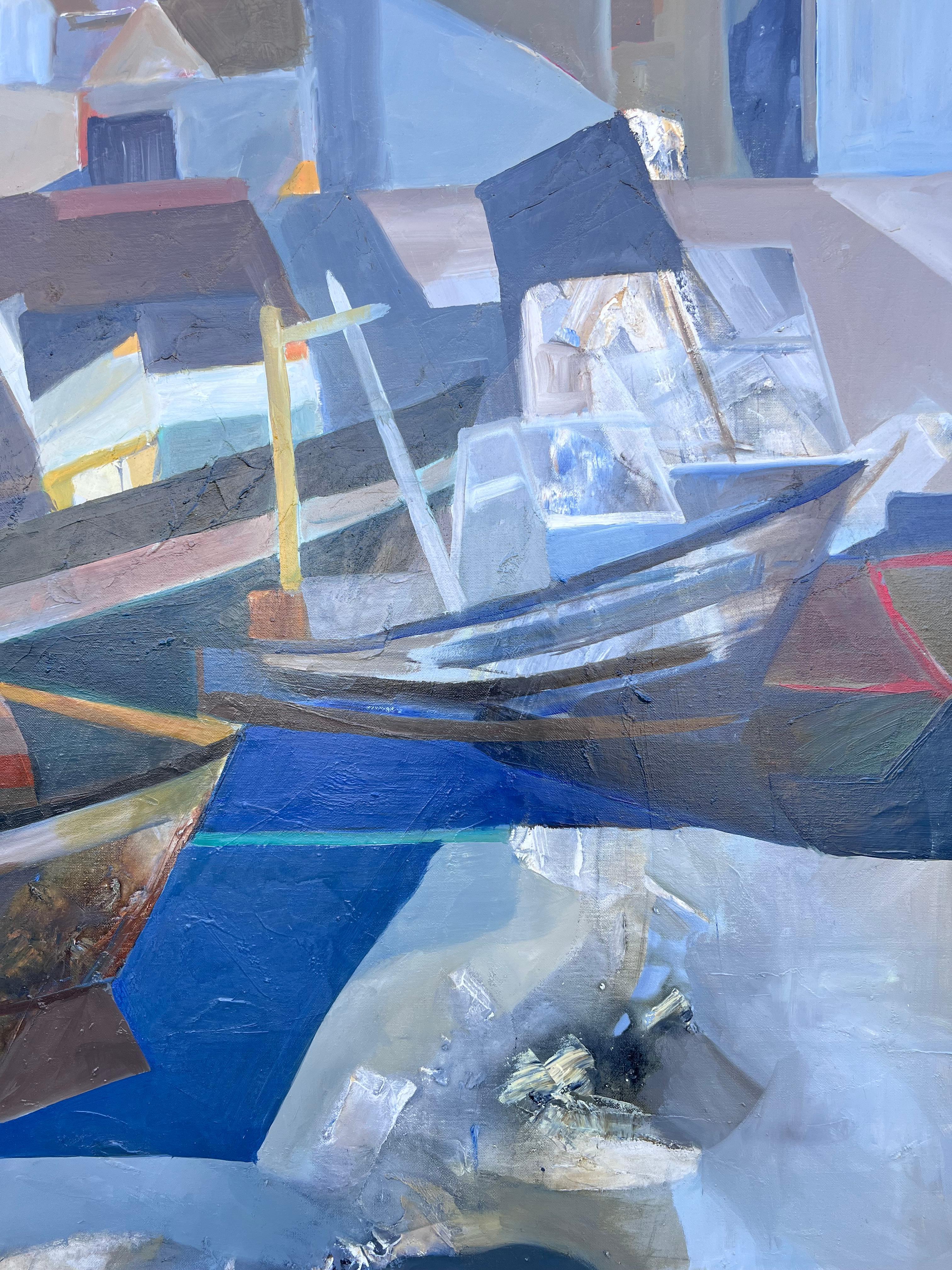 Riesiges französisches zeitgenössisches modernistisches abstraktes Ölgemälde Boote im Hafen im Angebot 1