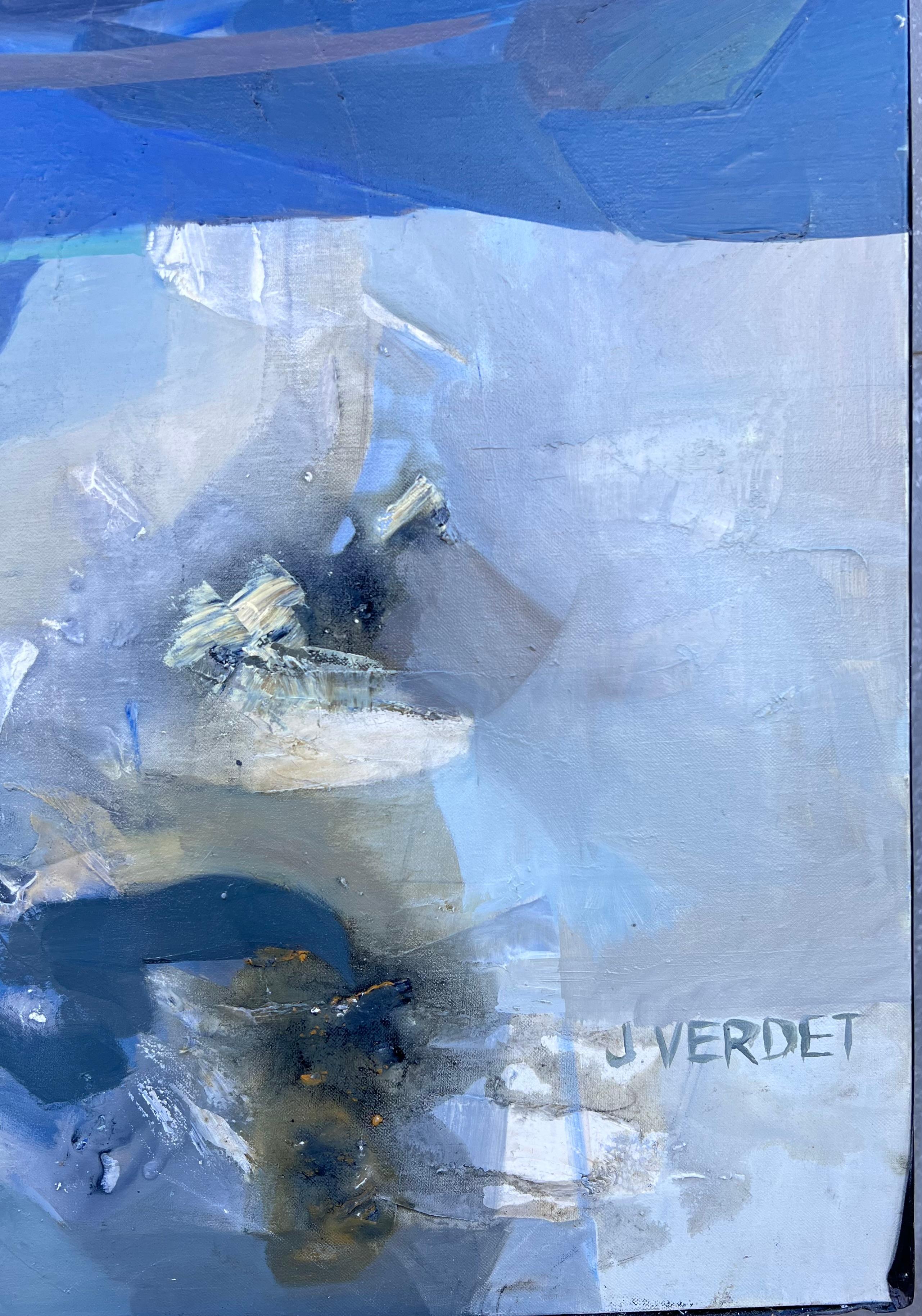 Riesiges französisches zeitgenössisches modernistisches abstraktes Ölgemälde Boote im Hafen im Angebot 2