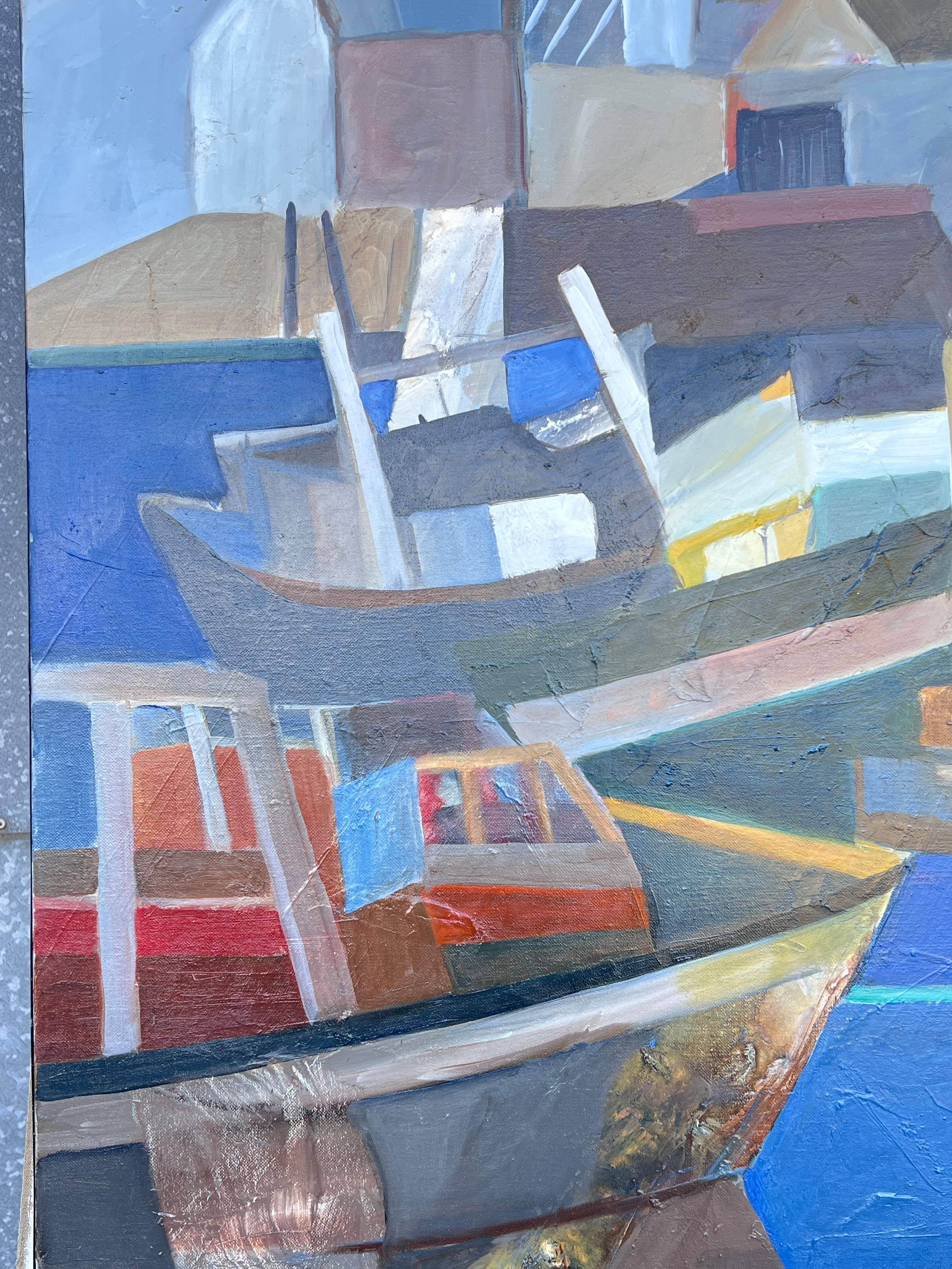 Riesiges französisches zeitgenössisches modernistisches abstraktes Ölgemälde Boote im Hafen im Angebot 3