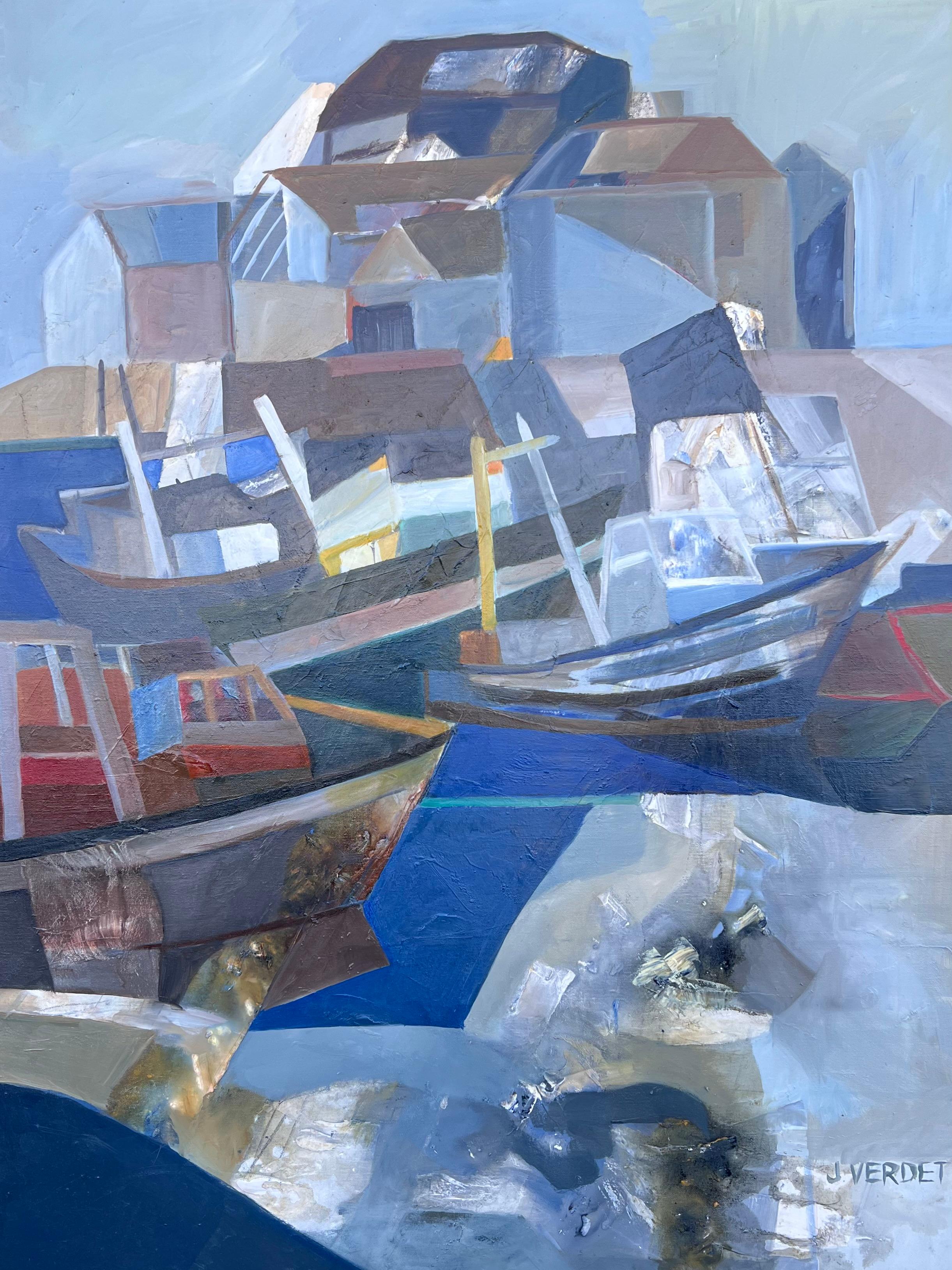 Riesiges französisches zeitgenössisches modernistisches abstraktes Ölgemälde Boote im Hafen