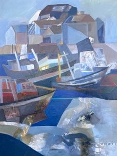Huge French Contemporary Modernist Abstract Oil Painting Boats in Harbor
