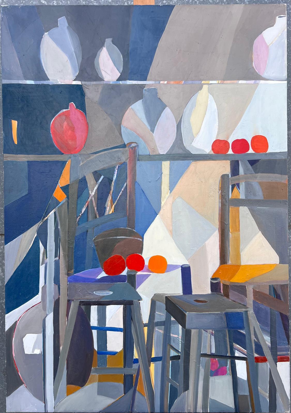 Huge Französisch Zeitgenössische Modernist Abstrakte Ölgemälde Cafe Stühle Bistro – Painting von Jacqueline Verdet (1931-2023)